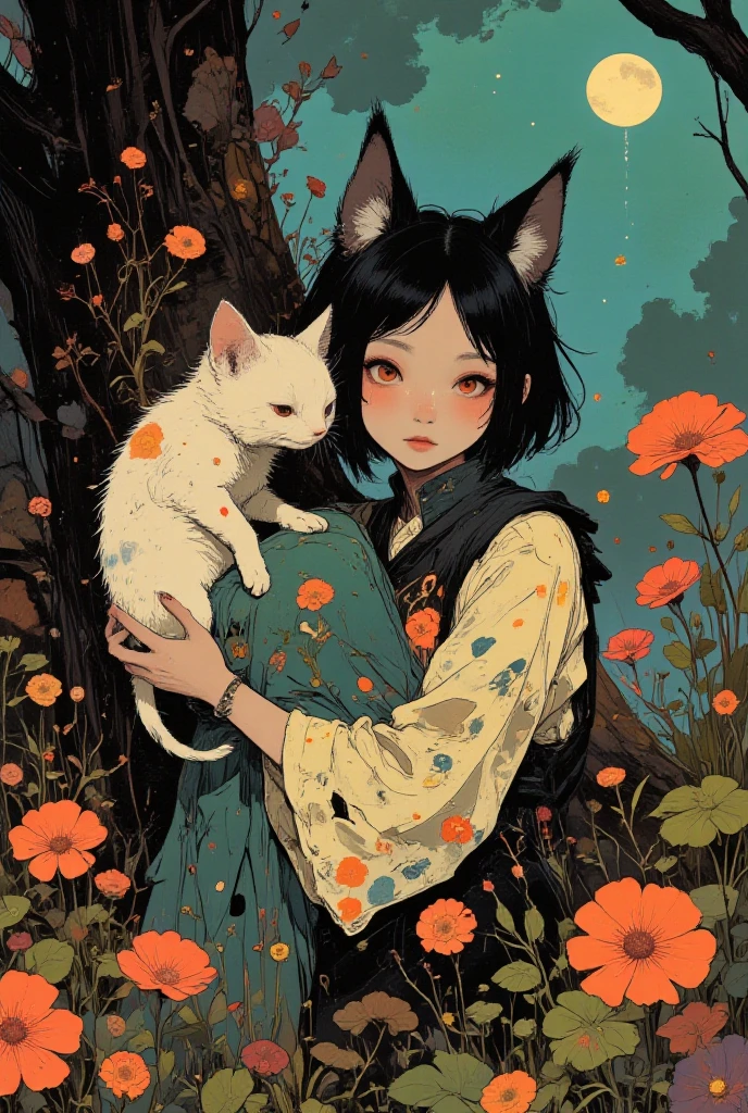 cute kitten and girl、in the style of ppWhimsy、ppstorybook、Tim Burton style、 Minimalistic Design 、baimiao_solo、Empathic Contemporary Art、Abstract Composition with Bold Colors and Movement、Realistic Depictions and Captivating Characters、Realistic Textures and Lighting Effects、 4K quality ,High Detail,photographic realism,PROFESSIONAL FINISH,bokeh background,bright color, moving story ,Stunningly Fresh Artwork