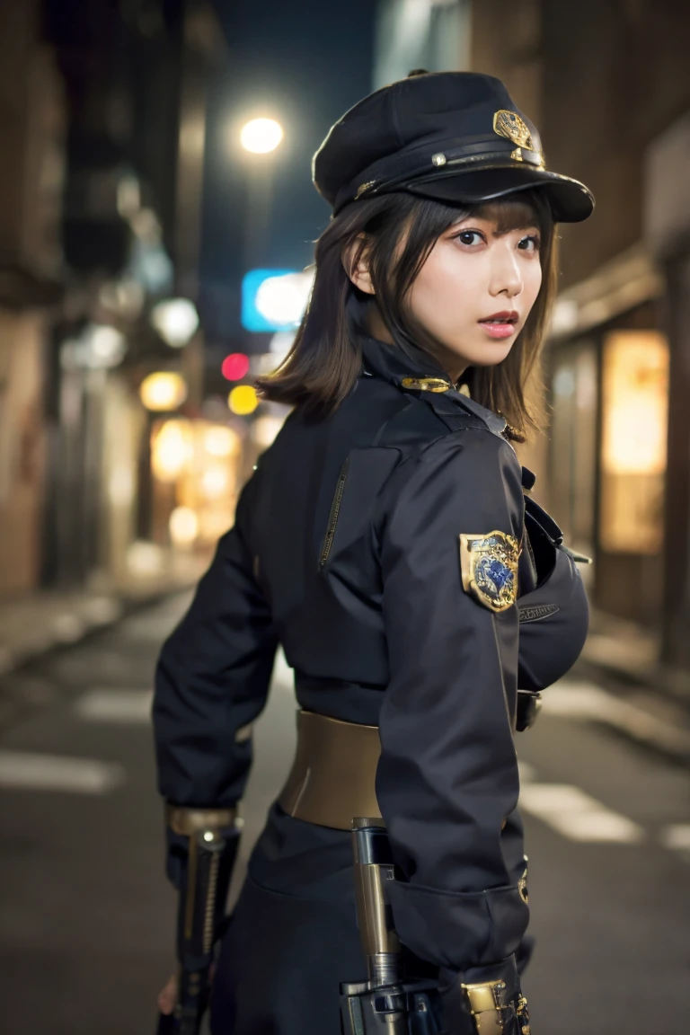 police uniform、police hat、whole body、photo taken from below、a beautiful female police officer、((Brown Long Bob Hair))、city