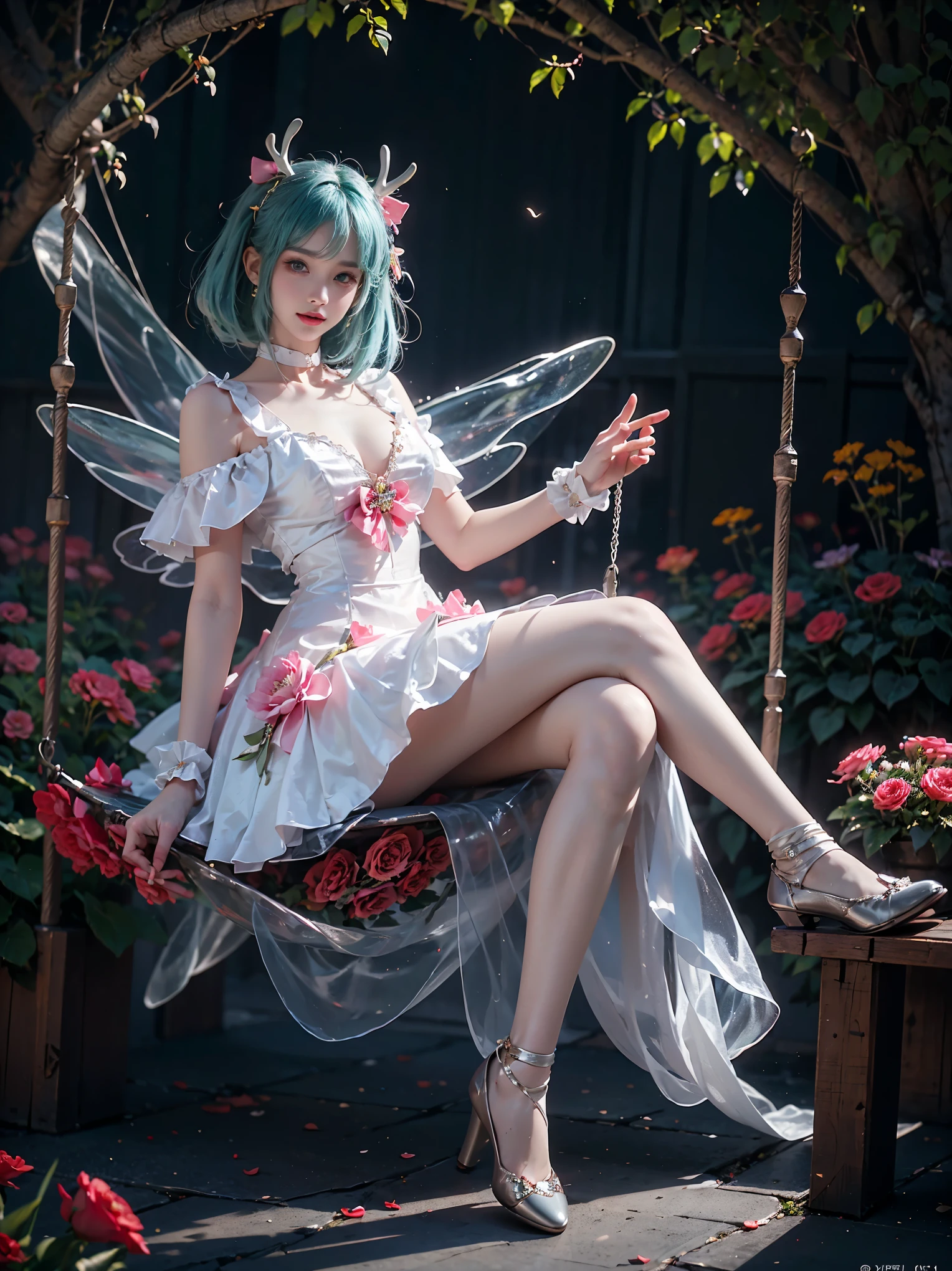 yao cosplay costume, aqua hair, dress, shoulder cutout, frills, choker, wrist cuffs, antlers, horns, bow, wings, hair ornament, animal ears, hair bow, hairclip, socks, kneehighs, shoes, high heels  ,, (xuer swing), photorealistic, exquisitely beautiful sexy long legs model, garden, (Sitting position:1.3), (Full bust, visible cleavage, very short hemline), (Lots of flowers around, roses in the foreground), **seated gracefully on a swinging swing**, gentle swaying motion, romantic atmosphere, night, soft moonlight illuminating the scene, shimmering fireflies dancing around, dreamy, elegant, highly detailed face, perfect anatomy, (eyes looking directly at viewer:1.15), soft and diffused lighting, high resolution, 8k, masterpiece, best quality, dynamic pose, flowing dress, (intricate details:1.1), bokeh background, (well-defined calf muscles:1.2), (slender thighs:1.2), (elegant ankles:1.1), (natural leg curvature), (graceful leg pose:1.3), **(feet slightly pointed:1.1)**, (sitting with one leg slightly bent and the other extended:1.2), (perfect symmetry), (smooth skin texture), (realistic shadows and highlights on legs)
