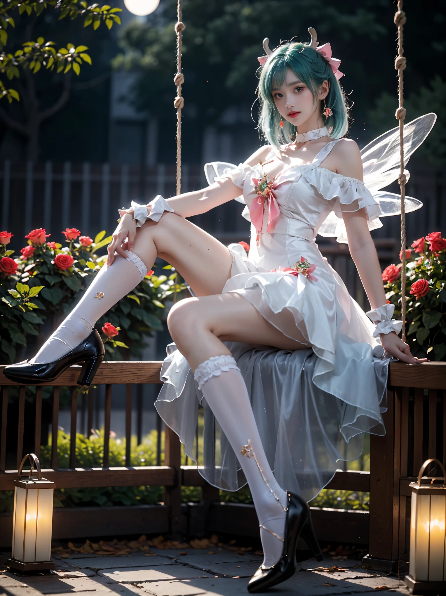 yao cosplay costume, aqua hair, dress, shoulder cutout, frills, choker, wrist cuffs, antlers, horns, bow, wings, hair ornament, animal ears, hair bow, hairclip, socks, kneehighs, shoes, high heels ,, (xuer swing), photorealistic, exquisitely beautiful sexy long legs model, garden, (Sitting position:1.3), (Full bust, visible cleavage, very short hemline), (Lots of flowers around, roses in the foreground), **seated gracefully on a swinging swing**, gentle swaying motion, romantic atmosphere, night, soft moonlight illuminating the scene, shimmering fireflies dancing around, dreamy, elegant, highly detailed face, perfect anatomy, (eyes looking directly at viewer:1.15), soft and diffused lighting, high resolution, 8k, masterpiece, best quality, dynamic pose, flowing dress, (intricate details:1.1), bokeh background, (well-defined calf muscles:1.2), (slender thighs:1.2), (elegant ankles:1.1), (natural leg curvature), (graceful leg pose:1.3), **(feet slightly pointed:1.1)**, (sitting with one leg slightly bent and the other extended:1.2), (perfect symmetry), (smooth skin texture), (realistic shadows and highlights on legs)