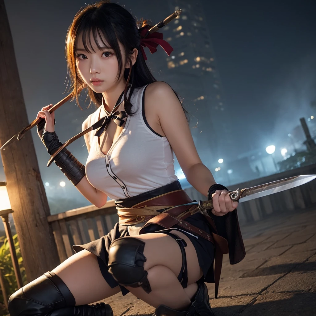 Highest quality,Ultra HD,Best AI Images, Full body photo,(beautiful face like a Japanese actress), ((Red Hair 1.2)),((Sweaty 1.4)),Very detailed vfx portrait of, Female Ninja, Japanese kunoichi, cgsociety and Zhong Feng Hua, Covert behavior, Female Ninja, ((Scene of fighting with a short sword)),Scene of fighting with a short sword1.3,Portrait of a Japan woman, , Trending on deviantart, ((Gray short ninja costume 1.5)),((sexy kunoichi,Big Breasts)), Japanese spy, 3D Rendering, (Beautiful Face 1.5), Key Visual, Vibrant, (((A dimly lit riverbank background.5))), Very detailed, growing up,
