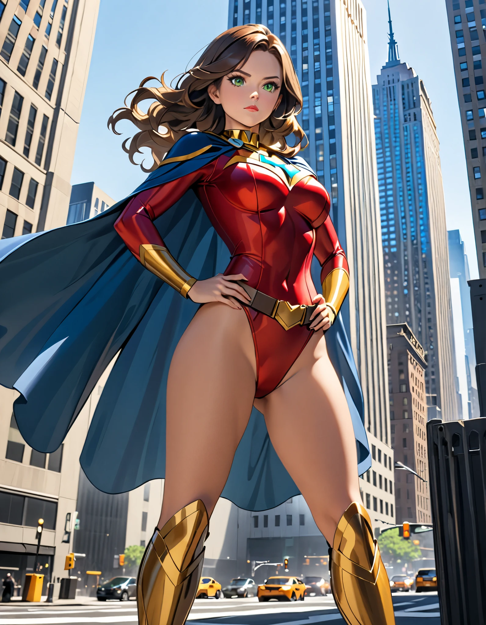 ((best quality)), ((masterpiece)), ((ultra realistic)), (dynamic heroic pose), american, beautiful detailed face, detailed eyes, sexy reporter, dressed in a red leotard, city backdrop, highly detailed, professional, bare legs, full body, hands on hip, standing, brown hair, medium hair, green eyes, matching boots, long sleeves, yellow hawk-shaped crest engraved on chest, blue boots, short length cape,