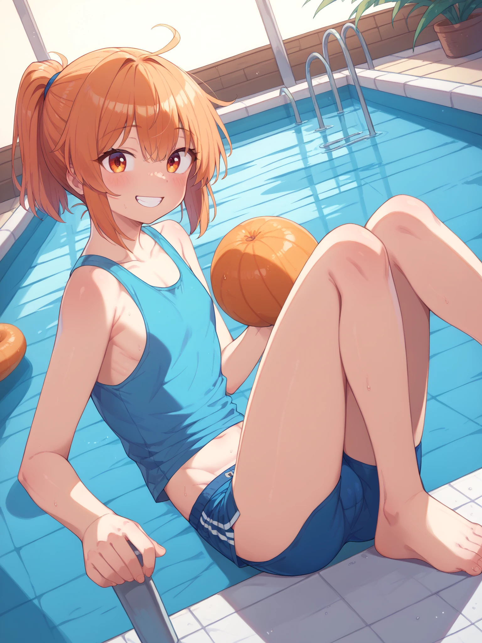 ((nsfw、Table t○p, highest quality, Hi-Res Lucifer,Anime Screen Capture、Pixel Perfect, 8k, Br○wsing Cauti○n、Surrounded by four men)))、Perfect Anat○my、((Loli))、(((Both armpits、Hands behind head、Small breasts、Wide Hips)))、(((White competitive swimsuit)))、Sweat, Vap○r,(Orange eyes)、((Short Hair、Pink Hair、Wavy Hair)), ((((:○、surprised、Embarrassing、blush))))、(Ind○○r swimming p○○l)
