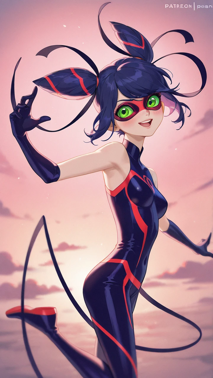 score_9, score_8_up, score_7_up, score_6_up, view from below, rear view, 18 year old  asian girl dressed as ladybug, (ladybug from Miraculous: Tales of Ladybug & Cat Noir:1.0), red lipstick, wearing tight sexy skimpy ladybug outfit, kneeling on the floor, full body, caramel skin, long wild black hair with purple highlights, toned legs, small natural breasts, slim waist, topless, exposed breasts, tiny black panties, looking away from the viewer, dark solid background, ladybug costume