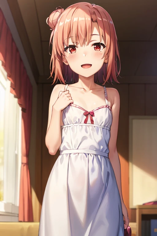((highest quality)), ((masterpiece)), (be familiar with), Perfect Face, indoor, Bedroom, Watching the audience,
One woman, Yuigahama Yui,
Open Mouth, Ecstatic expression, blush, smile,
Small breasts, Flat Chest, Young Girl, , , Girl,
Short Hair, Salmon-colored hair, Salmon-colored eyes, Side Pony,
Leg spread,