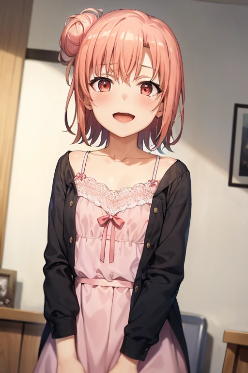 girl, anime, masterpiece, highest quality, Super detailed, Bedroom, Bust Shot, From above, Leaning forward while standing, harajuku fashion, Peach medium hair, Blissful smile, Star Earrings