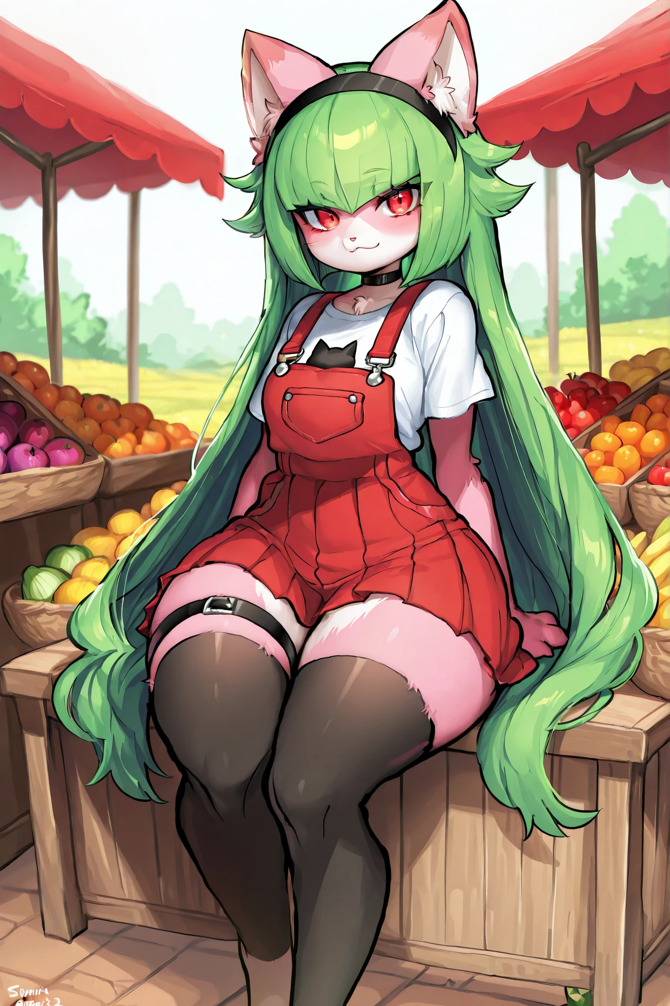 (masterpiece, best quality, absurdres, highres), amazing quality, very aesthetic, (volumetric lighting), digital art style, drawn aesthetic, concept painting, ultrahigh definition, VRKhajit, dress, animal ears, choker, furry, solo, 1girl, furry female, anthro, kemono, digitigrade, body fur, rating_explicit, masterpiece, best quality, amazing quality, very aesthetic, absurdres, newest, red dress, :3, cat girl, hair_over_one_eye, pink_skin, pink_fur, green_hair, Hairband, Furry pink cat, single chest pocket, (skirt, shirt, pleated shirt, thighhighs, thigh strap, overalls, Shortstack, Solo_Focus, denim_skirt:0,7), (green_hair, kuragecut, bob_cut, very long hair, braided big long hair:1,4), 1girl, SOLO, Full-height pose, dynamic, female, delicate, dainty, sitting_on_mud, sitting pose in half turn, farmland background, farm ((dynamic angle)), gloomy, Ethereal, highly expressive composition, looking at viewer, paintniji, Suurin, suurin \(ksyaro\), suurin 2, DETAILED HAIR, DETAILED FLUFFY FUR, (Gardevoir hair:0,5), CartoonyIllustrious, M4rket, market, Outdoors, fruit, vegetable, market stalls