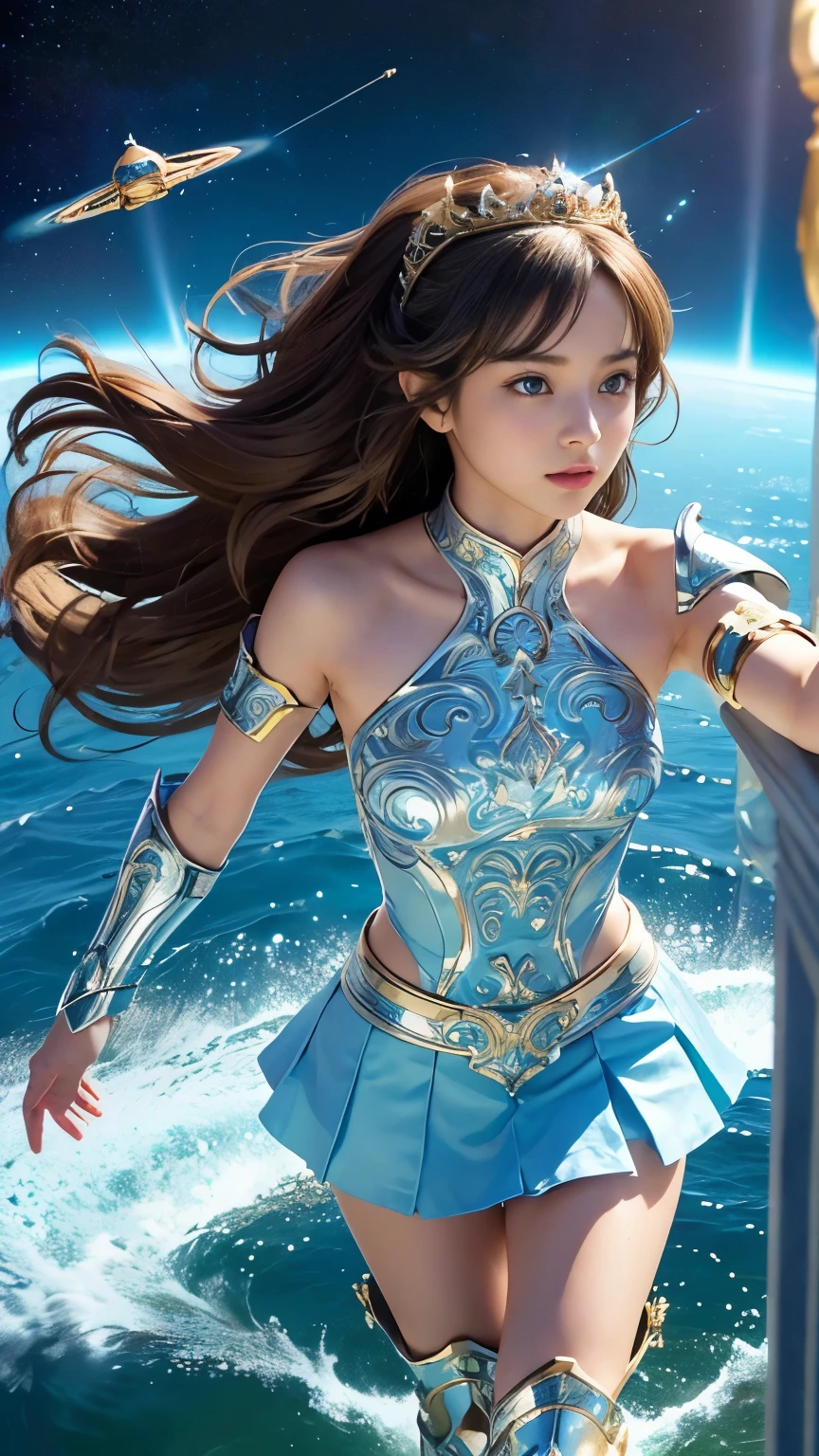 masterpiece, 8k, 最High Quality, intricate details, ultra detaileds, 超high resolution, (makeup: 0.4), (ふわふわのblue eyes: 1.21), ((full body)), ((muscles: 1.1)), (( orbital space: 1.3)), standing, high resolution, ultra detailed, EF24-70mm f/2.8L II USM, 最High Quality, High Quality, 1 girl, Japanese girl, alone, cute, beautiful, charming,tiara、A low angle shot of a bare hip with a flipped-up skirt、 (((fluttering short see-through skirt))), 18 years old, 若い女性がstanding, A girl without underwear、Realistic detail floating above the sea with a Greek temple in the background, Gold, wavy hair with a graceful expression, soft flowing hair, Realistic details, Smooth face, blue eyes, Shiny purple armor, Armor with gold engraving, curved shoulder brace , arm guards, A short layered skirt, Short wavy skirt, The chest section of her armor is shaped like a curved board that follows the contours of her body、covering her forehead, Created with, Lightweight metal boots with foot guards, sleek design, It is created with hair that is gently wrapped around the neck and flutters in the wind. The style of this illustration is、blue sky and white clouds, Metal texture of the armor, Softness of the scarf, And natural light reflecting off the water.(((A very young looking girl:1.4))),nsfw