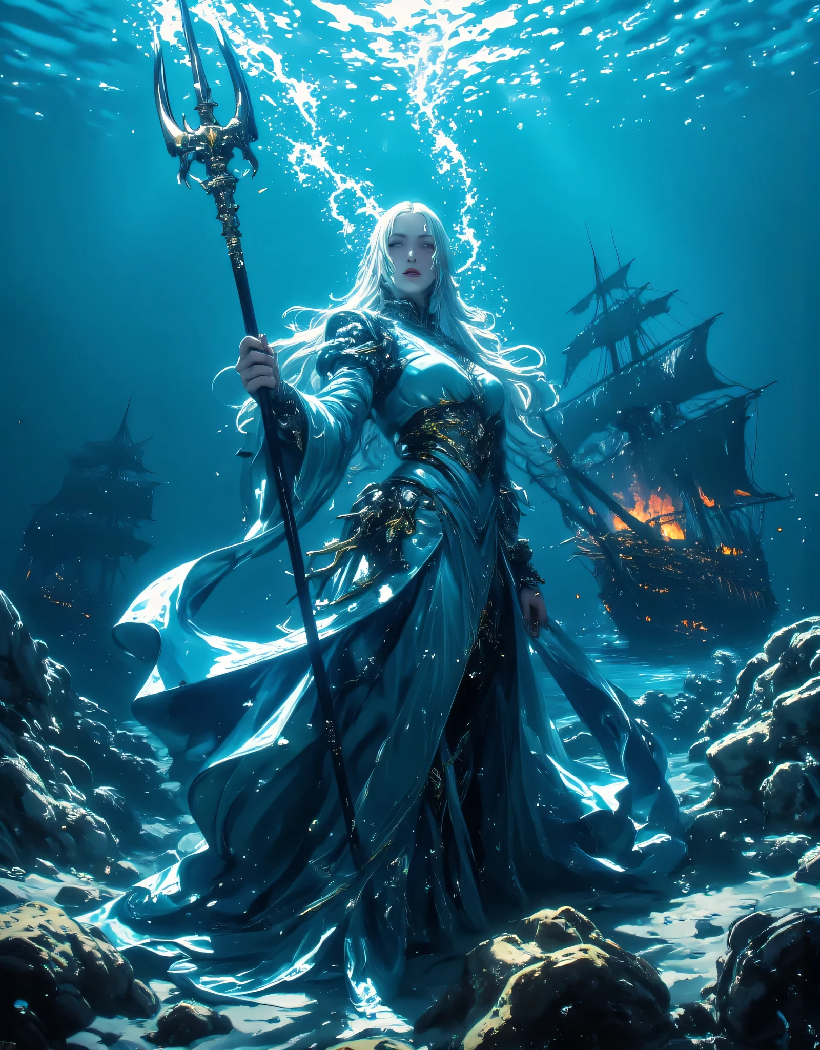1girl,sea_creature,sea_emperor,trident,dramatic_lighting,intricate_details,cinematic_atmosphere,underwater_scene,fantasy_art,digital_painting,8k,highly_detailed,photorealistic,masterpiece,ultra-detailed,physically-based_rendering,vivid_colors,dramatic_lighting,moody_colors,deep_blue_tones,ship, Pirates ship, battle,