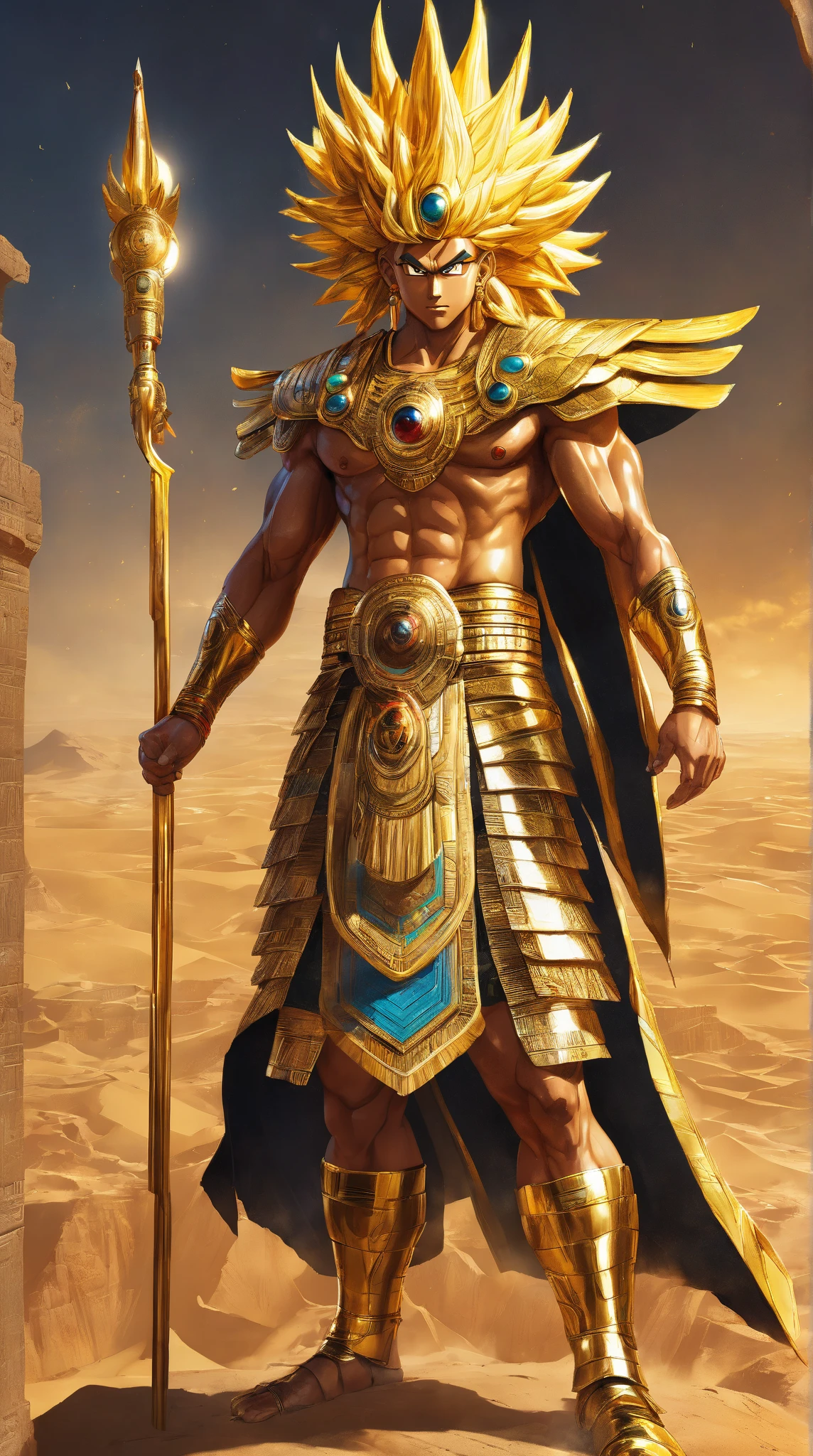 Masterpiece, mythological figure, solo, Kakashi as Egyptian God, gold armor, intricately designed headdress with solar disc and serpent, white plumage feathers, orange and yellow tanned skin, shining, sweat-beaded, intense gaze, piercing blue eyes, defined jawline, muscular build, dynamic light and shadow, high resolution, crystal-clear details, realistic texture and shading, grandeur and majesty, ancient Egyptian temple setting, palm trees and desert landscape in the background, sun setting behind, powerful aura.