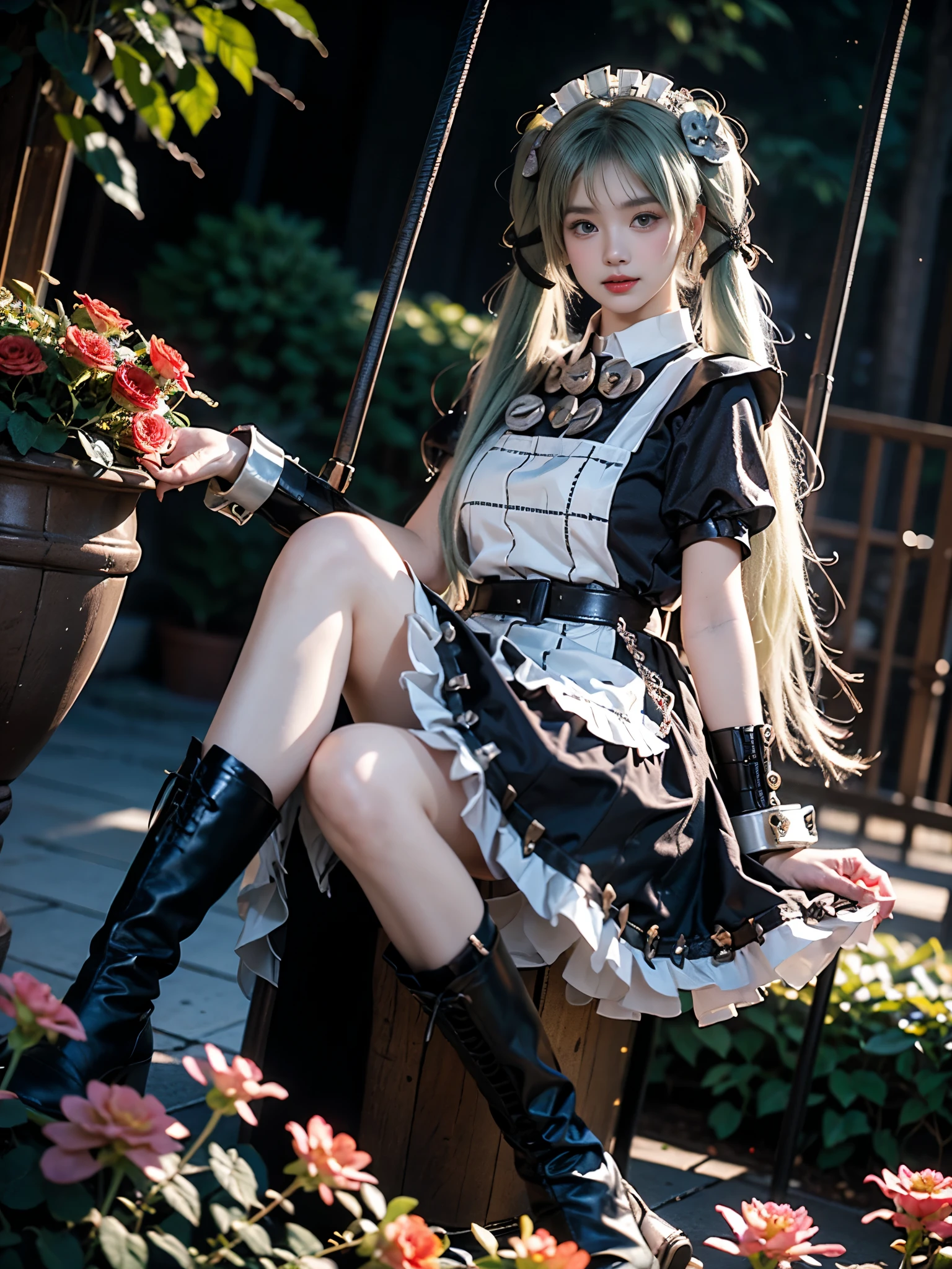 corin cosplay costume,corin,cosplay,long hair,green hair,twintails,hair ornament,maid,dress,frilled dress,frills,apron,maid apron,maid headdress,puffy short sleeves,belt,chain,wrist cuffs,cuffs,handcuffs,ribbon,boots,knee boots ,, (Random shooting Angle:1.4), (xuer swing), photorealistic, exquisitely beautiful sexy long legs model, garden, (Sitting position:1.3), (Full bust, visible cleavage, very short hemline), (Lots of flowers around, roses in the foreground), **seated gracefully on a swinging swing**, gentle swaying motion, romantic atmosphere, night, soft moonlight illuminating the scene, shimmering fireflies dancing around, dreamy, elegant, highly detailed face, perfect anatomy, (eyes looking directly at viewer:1.15), soft and diffused lighting, high resolution, 8k, masterpiece, best quality, dynamic pose, flowing dress, (intricate details:1.1), bokeh background, (well-defined calf muscles:1.2), (slender thighs:1.2), (elegant ankles:1.1), (natural leg curvature), (graceful leg pose:1.3), **(feet slightly pointed:1.1)**, (sitting with one leg slightly bent and the other extended:1.2), (perfect symmetry), (smooth skin texture), (realistic shadows and highlights on legs)
