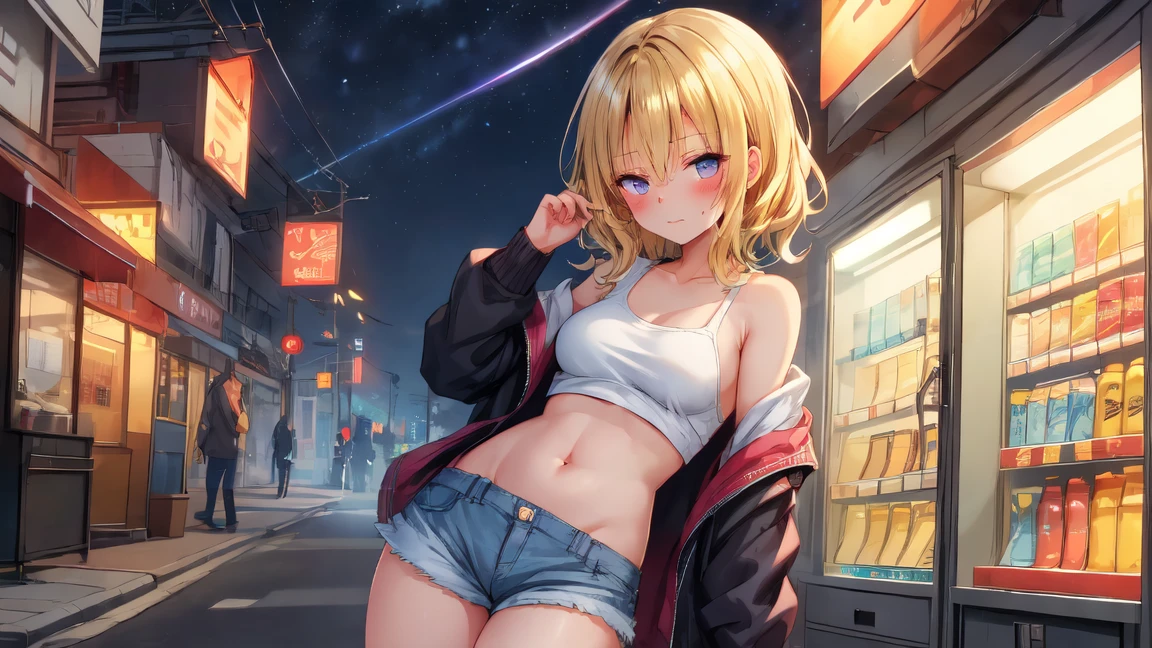 masterpiece, hyper realistic, realistic skin, best quality, 1girl, city pop, market, puddle, philippines, looking at another, topless, cowboy shot, vector illustration, nipples, light smile, blunt bangs, long hair, tube top, stomach, navel, bare shoulders, blonde, ponytail, wet, soaked, people on background, manila, raining, dolphin shorts, child, petite, tropical
