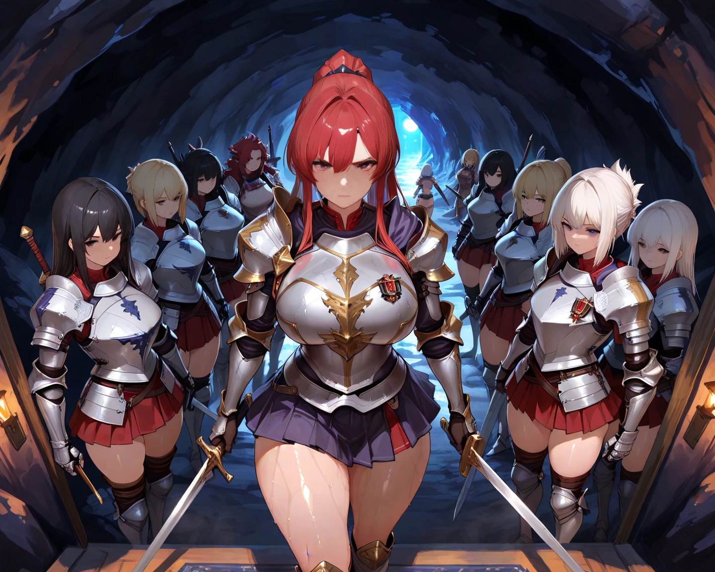 (score_9,score_8_up,score_7_up,BREAK source_anime,(masterpiece:1.2),best quality,very aesthetic,public indecency,absurdres),masterpiece,best quality,very aesthetic,absurdres,intricate details,fantasy,1girl,solo,
<lora:fana_p_v1:1>,fana,sword,circlet,red hair,yellow eyes,long hair,thighhighs,gloves,thigh boots,leotard,armor,high heels,very long hair,highleg leotard,shoulder armor,highleg,pauldrons,
holding_sword,serious,<lora:Fixhands_anime_bdsqlsz_V1:1> BREAK blood,blood on clothes,sword,flower,armor,polearm,holding weapon,holding,field,helmet,outdoors,army,soldier,spear,solo focus,6+boys,battlefield,, masterpiece,best quality, very aesthetic, absurdres, ultra detailed, high resolution, 4k, extremely detailed CG,