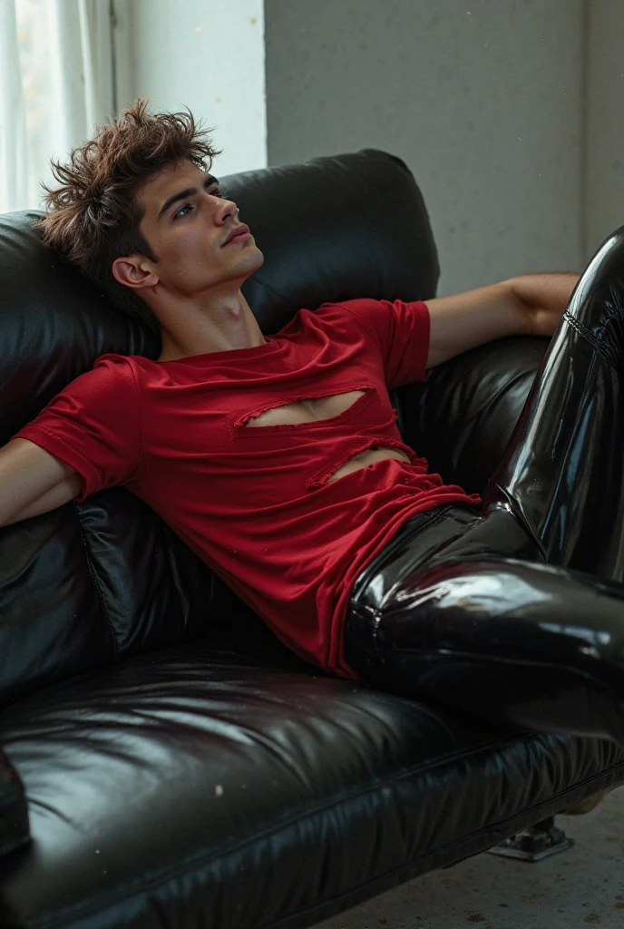 (weak nerdy boy, late teens, needy and pent up, masturbating, imagining he is a supervillain and being defeated by a hero)