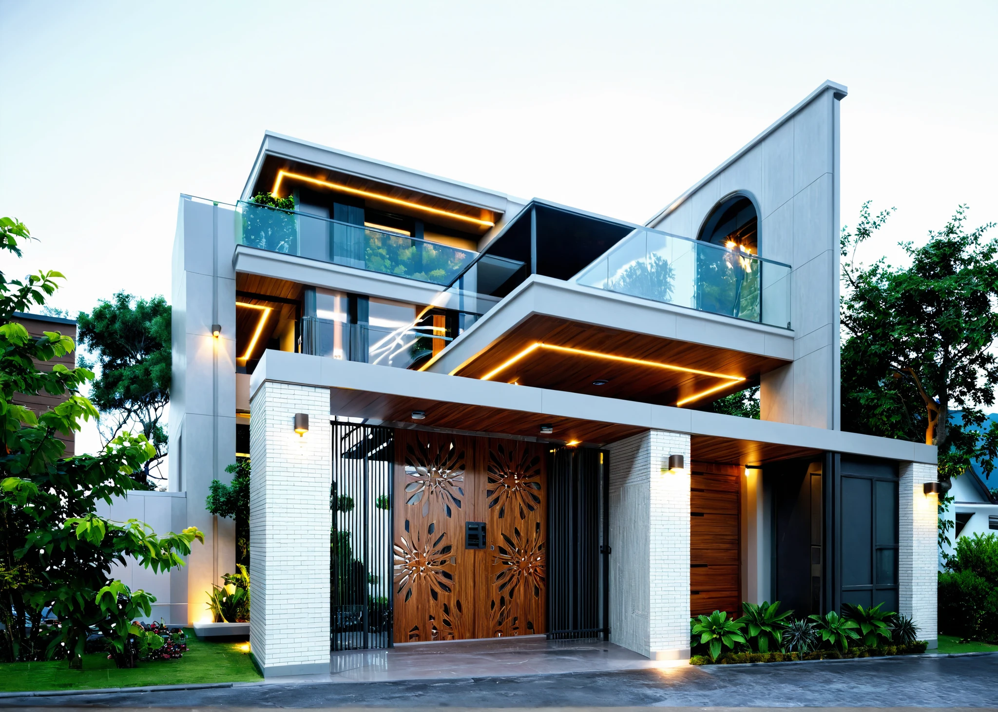 a close up of a house with a gate and a car parked in front of it, photorealistic -20, front view dramatic, an architectural, frontview, exterior design, overall architectural design, one house, mr. house, modern house, front perspective, rich house, house and home, vue render, concept house, architectural, front view