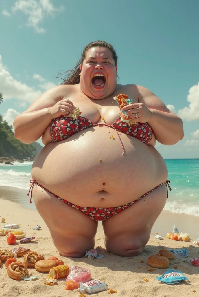 Portait of a fat young woman at the beach screaming. Red bikini