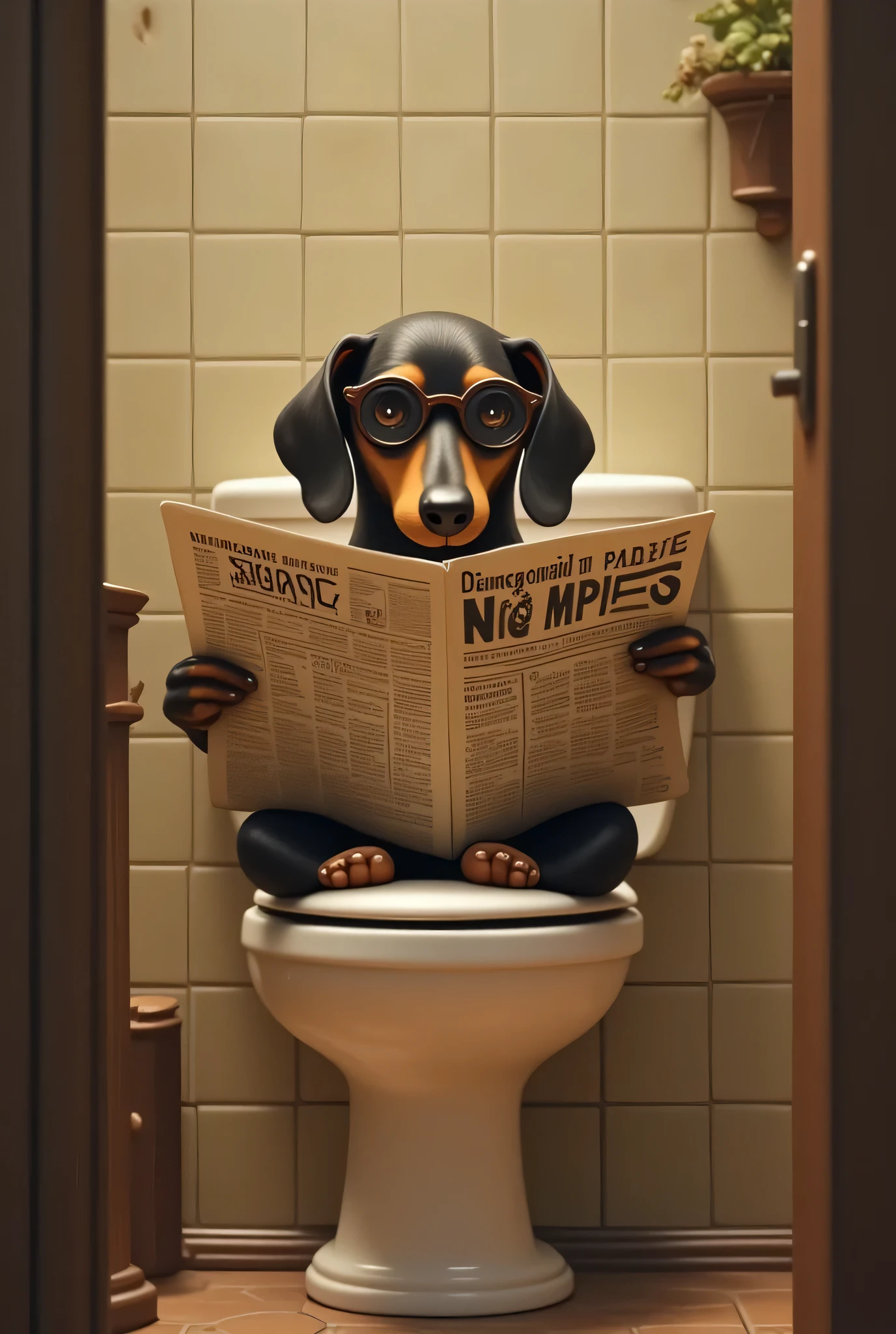 The dark, with shiny feet and pointed ears is sitting on the toilet reading a newspaper. stage, which creates a warm and casual atmosphere, is an indoor space with tiled walls and a rustic atmosphere. The lighting is soft, creature with no nose.Dachshund with glasses