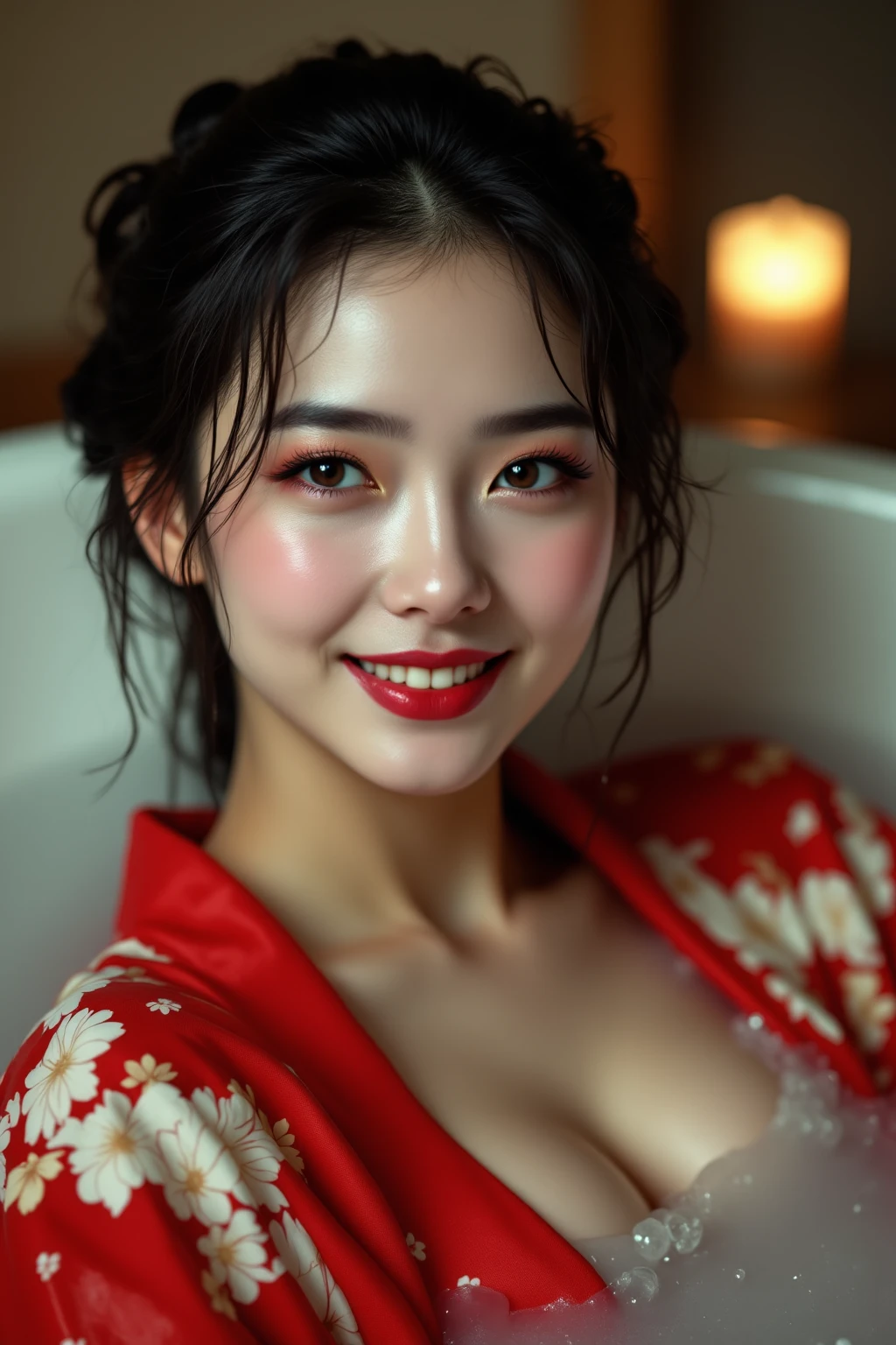 Seoul, 1952, 1 korean girl, best quality,masterpiece,highly detailed,ultra-detailed, big breasts, strikingly beautiful, delicate facial features, porcelain skin, expressive eyes, black hair, red lips, erotic pose, Stewardess, (((all nude))),((awe and joy expression)), (garrison cap)