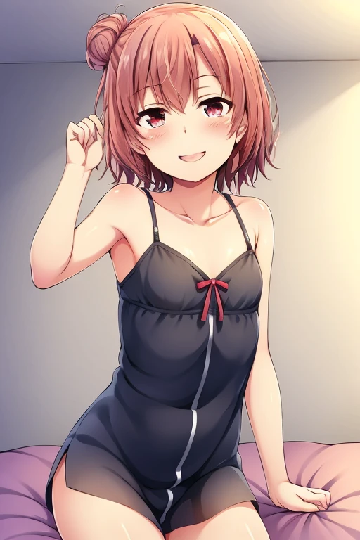 masterpiece, high quality, 1girl BREAK, solo, brown hair, short hair, pink eyes, pink pants, bunny hat, hat, bunny ear.s tank top, sweat, hand on head, indoors, bedroom <lora:HerrscherAGGA2023_Kuroboshi_Kouhaku_V2:1>