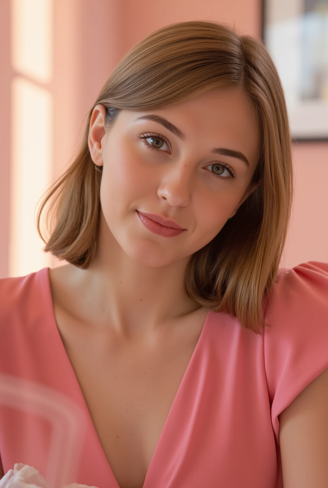 In realistic photo style , depicting the romantic scene of , a 20-year-old brown-haired girl dressed up to enjoy a meal in the famous Breakfast at Tiffany movie,Bright halo surrounds , soft pink and white tones