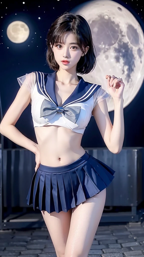 arafed asian woman in a tight white sailor uniform and tiny blue skirt posing for a photo, very sexy pose, elegant seducing pose, sexy look, sultry body, anime girl cosplay, ((tiny blue miniskirt)), ((huge breasts|white sailor uniform)) ((white sailor shirt|blue collar|blue bow)), ((long blue boots)), ((long white gloves|blue stripes)), ((blue choker|sapphire)), ((golden tiara on forehead)), ((long slender legs)), ((tiny white panties)), 2 4 year old female model, beautiful alluring teen, model with attractive body, sexy body, gorgeous young korean woman, beautiful feminine body, gorgeous young model, young sensual graceful, gorgeous chinese model, ((curly bangs)), ((very dark short hair)), ((black hair in a rough shag)), wavy hair, (masterpiece:1.3), high resolution, ((sailor mercury))