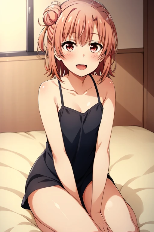 ((highest quality)), ((masterpiece)), (be familiar with), Perfect Face, indoor, Bedroom, Watching the audience,
One woman, Yuigahama Yui,
Open Mouth, Ecstatic expression, blush, smile,
Small breasts, Flat Chest, Young Girl, , , Girl,
Short Hair, Salmon-colored hair, Salmon-colored eyes, Side Pony,
Leg spread,