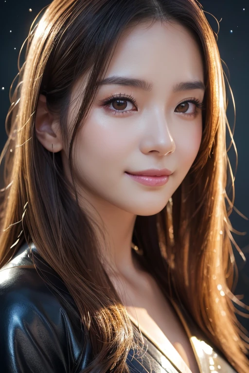 masterpiece, best quality, ultra-detailed, intricately detailed hyperdetailed, realistic, sharp features, highly detailed, sharp focus, Japanese idol, perfect face, perfect symmetrically perfect eyes, perfect full lips, flexible female form, cinematic, film light, hyper detailed, hyper realistic, high resolution, vibrant, dynamic studio lighting, Dark background, medium hair, straight Bangs, brown Eyes, Black sweater, Portraiture, (Mischievous smile),