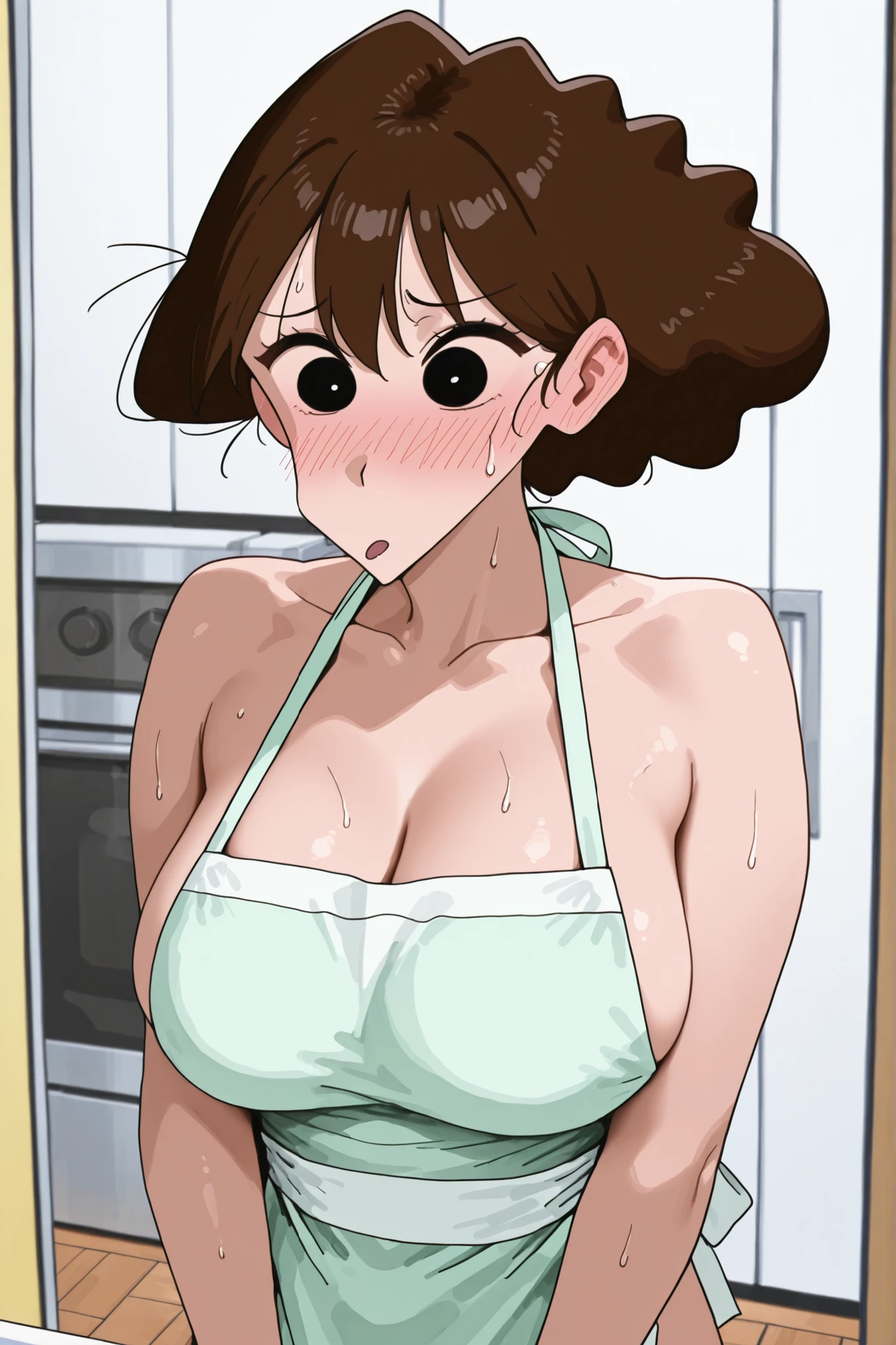 Lora: misae nohara dark brown hair black eyes she is blushing red sweating indoor atmosphere cleavage apron only naked big breasts side breasts