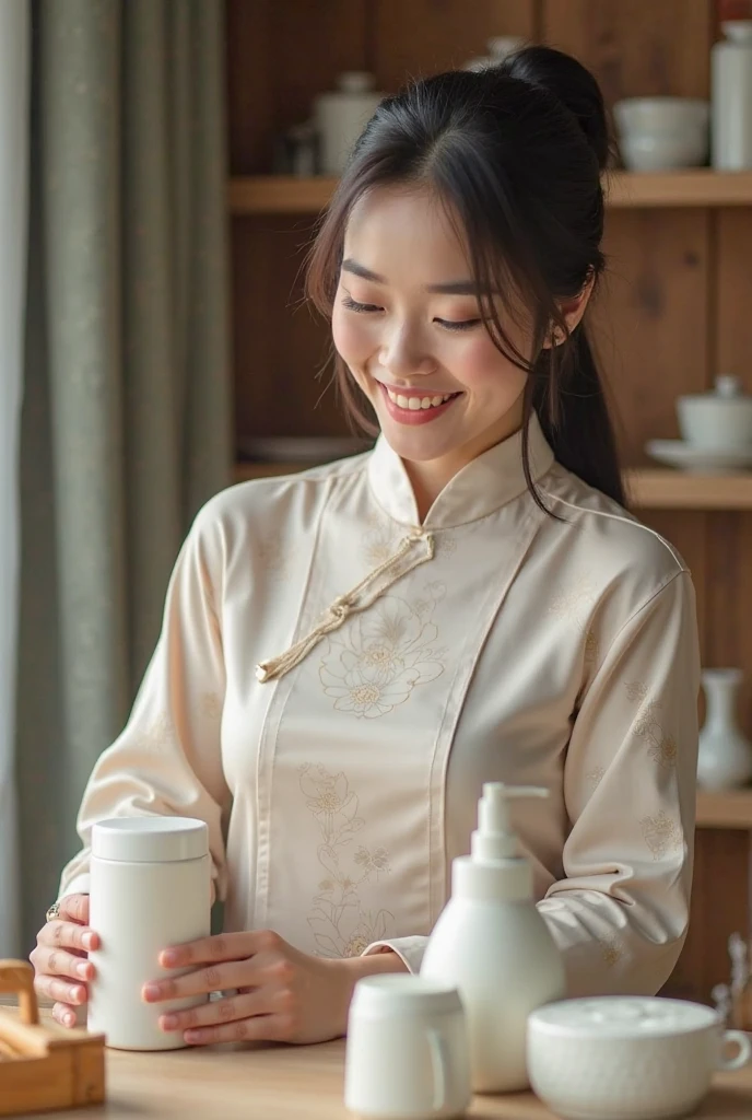 (Super fine,fidelity:1.37),portrait,Chinese restaurant owner,dark hair,brown eyes,delicate lips,Tie an apron,confident smile,well groomed appearance,Chinese traditional spring clothes,floral pattern,Standing in a brightly lit restaurant,antique wooden furniture,Elaborately carved decoration,Chinese traditional elements,Beautifully painted porcelain plates and teapots,Authentic Chinese cuisine,Vibrant color palette,Defocused lights in the background create a warm and inviting atmosphere