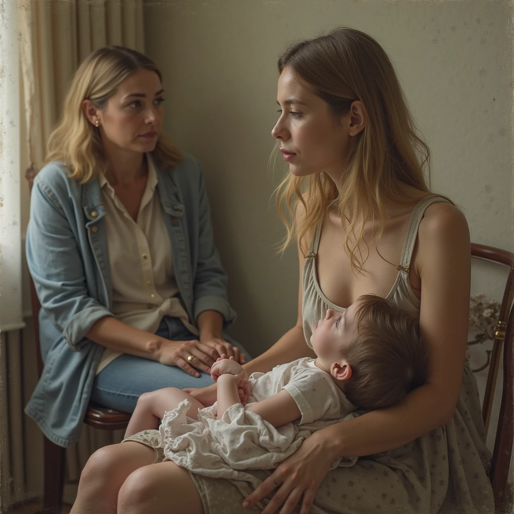 2heads, mom and daughter, (one head:1.5 child), (one head:1.5 adult), white girls, different ages, (two heads on one body:1.5), conjoined twins, heads side by side, one torso, two arms, two hands, young, photorealistic, uncomfortable,