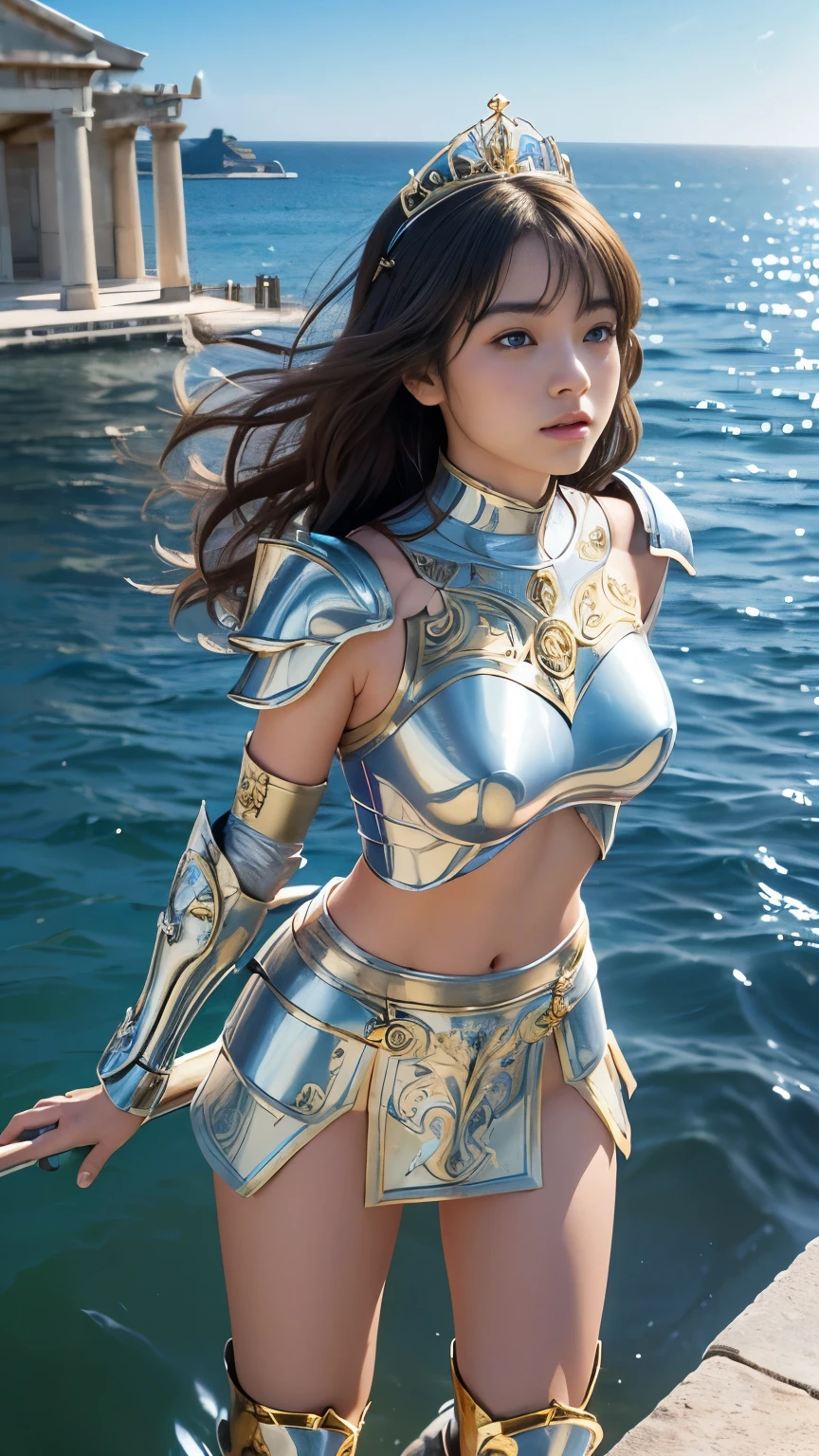 masterpiece, 8k, 最High Quality, intricate details, ultra detaileds, 超high resolution, (makeup: 0.4), (ふわふわのblue eyes: 1.21), ((full body)), ((muscles: 1.1)), (( orbital space: 1.3)), standing, high resolution, ultra detailed, EF24-70mm f/2.8L II USM, 最High Quality, High Quality, 1 girl, Japanese girl, alone, cute, beautiful, charming,tiara、A low angle shot of a bare hip with a flipped-up skirt、 (((armor with see-through miniskirt)))、(((fluttering short see-through skirt))), 18 years old, 若い女性がstanding, A girl without underwear、realistic detail floating on the sea with a Greek temple in the background, Gold, wavy hair with a graceful expression, soft flowing hair, Realistic details, Smooth face, blue eyes, Shiny purple armor, Armor with gold engraving, curved shoulder brace , arm guards, A short layered skirt, Short wavy skirt, The chest section of her armor is shaped like a curved board that follows the contours of her body、covering her forehead, Created with, Lightweight metal boots with foot guards, sleek design, It is created with hair that is gently wrapped around the neck and flutters in the wind. The style of this illustration is、blue sky and white clouds, Metal texture of the armor, Softness of the scarf, And natural light reflecting off the water.(((A very young looking girl:1.4))),(nsfw)