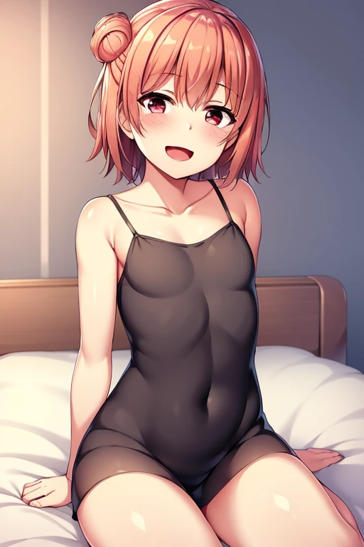 アニメ,One girl, bed_Sheet, black_Legwear, blush, chest, chestの谷間, clavicle, Cover, Cover_chest, Crossed_arms, yellow_eye, Moderate_chest, belly button, nude, orange_hair, short_hair, ~ side_ponytail, Sitting, alone, Knee socks, topless,