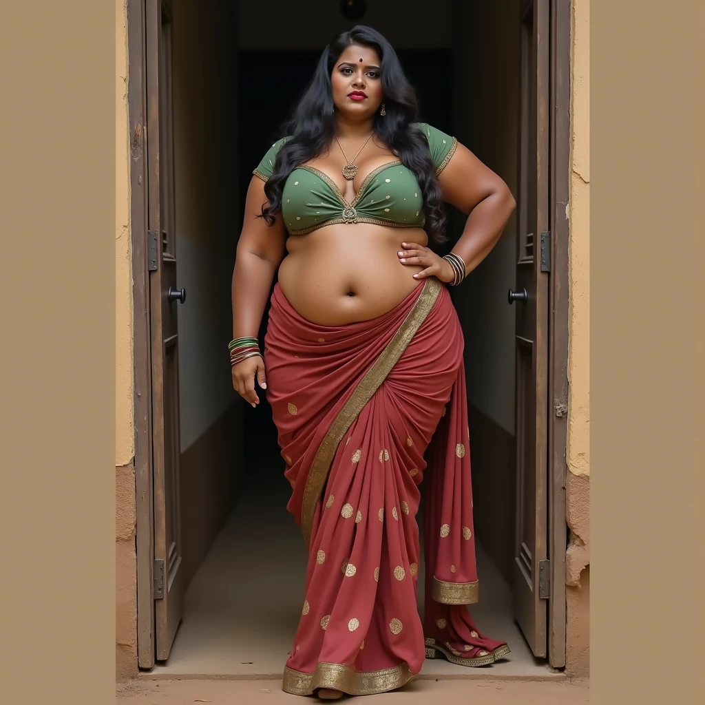 A indian plus size sexy aunty wearing dark green blouse and dark green skirt , she has big wide belly and fat legs