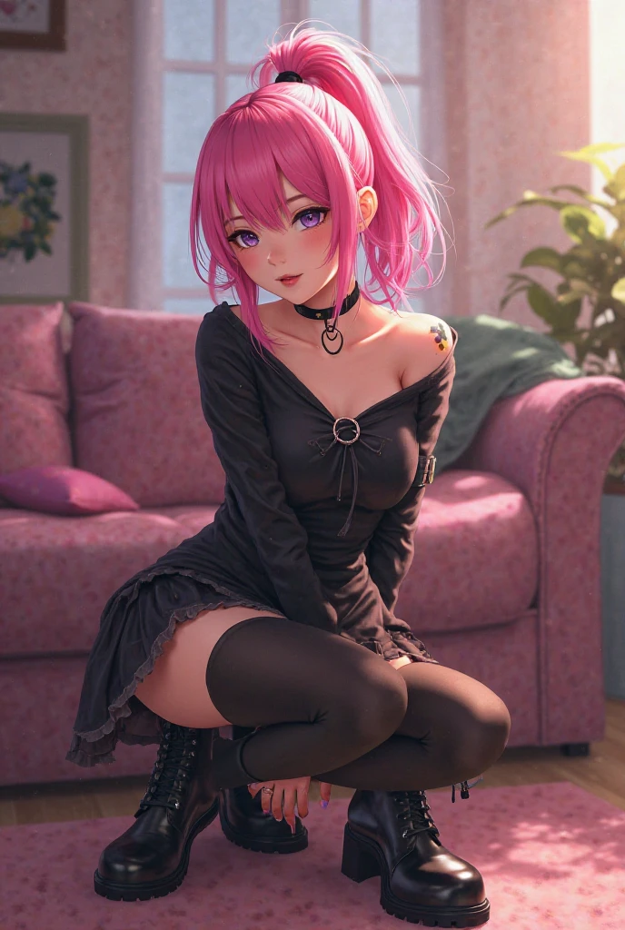(Best Quality)), ((masterpiece)), (detailed), 1 girl, off shoulder sweater,((gothic girl)), Long messy hair, dark pink locks,pink eyes, purple lipstick and black eyeshadow,tight latex clothing, holey top ,spiked necklace,mini skirt,fishnet stockings , punk boots,big breasts.Black room background with pink stuffed animals , sitting in bed.