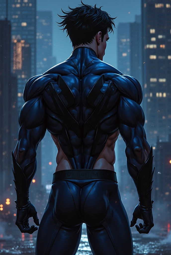 Nightwing, shirtless, turned around with a massive backside wearing a small jockstrap, hairy legs, at gotham city nightlife, lightning and raining.