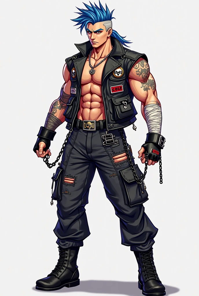 Post Apocalypse, Doomsday Wasteland Style, Concept Art, Character Painting, 1boy, Solo, Male Focus, Tattoo, Gloves, Pants, White Background, Knee Pads, Jacket, Abs, Simple Background, Torn Clothes, Belt, Jeans, Boots, Goggles, Jeans, Fingerless Glove, Full Body