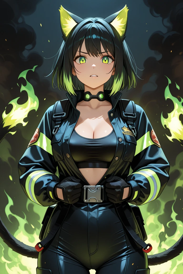Tamaki Kotatsu from Fire Force, a beautiful girl (model-like appearance) aged 17-19. She has a slender figure with long legs and a graceful cat-like demeanor. Hairstyle two ponytails on the sides.She is dressed in a micro bikini and a black leather jacket. The artwork should capture her in a sensual pose. (best quality, 4k, 8k, highres, masterpiece:1.2), ultra-detailed, (realistic, photorealistic, photo-realistic:1.37), HDR, vivid colors, professional, bokeh, studio lighting Medium: Illustration Additional details: The backdrop depicts a fiery scene with smoke and flames adding intensity to the environment. The overall composition should exude a sense of power and confidence, highlighting Tamaki's beauty and strength. The artwork should emphasize the intricate details of her eyes and lips, showcasing their mesmerizing beauty. The lighting should accentuate her figure, casting soft shadows that enhance her curves and add depth to the overall image. The color palette should reflect the vibrant and fiery nature of the Fire Force series, incorporating shades of red, orange, and yellow. The art style should capture the essence of anime, combining bold linework with dynamic and energetic poses.