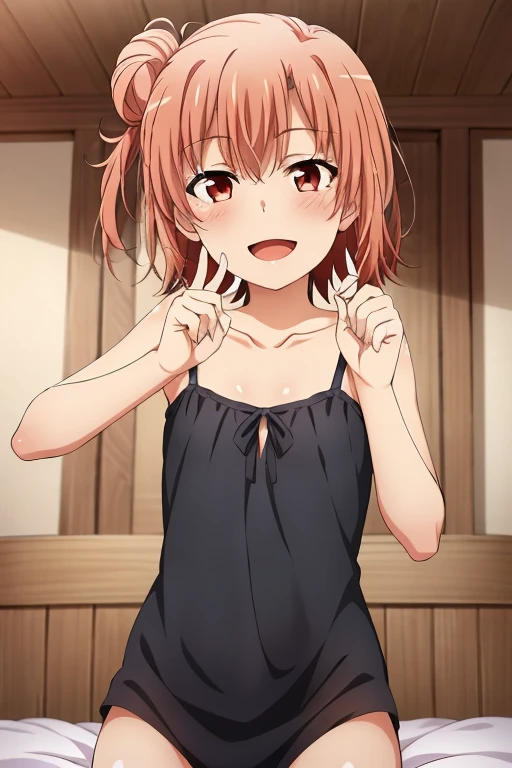 ((highest quality, High resolution,  Perfect Pixel,  4k)),  (Beautiful Anime Girls), Depth of written boundary、
Watching the audience, 
Perfect body, 

yuigahama yui, short hair, Brown eyes、Detailed eyes、

(Big Breasts:1.3)、smile、

Focus on the chest、

(White T-shirt、Denim hot pants)、Groin、

(Wet clothes、Wet Hair、Wet body、blush:1.2)、
(dark、rain:1.3)、Shadow、
Inside the hut、
From below、