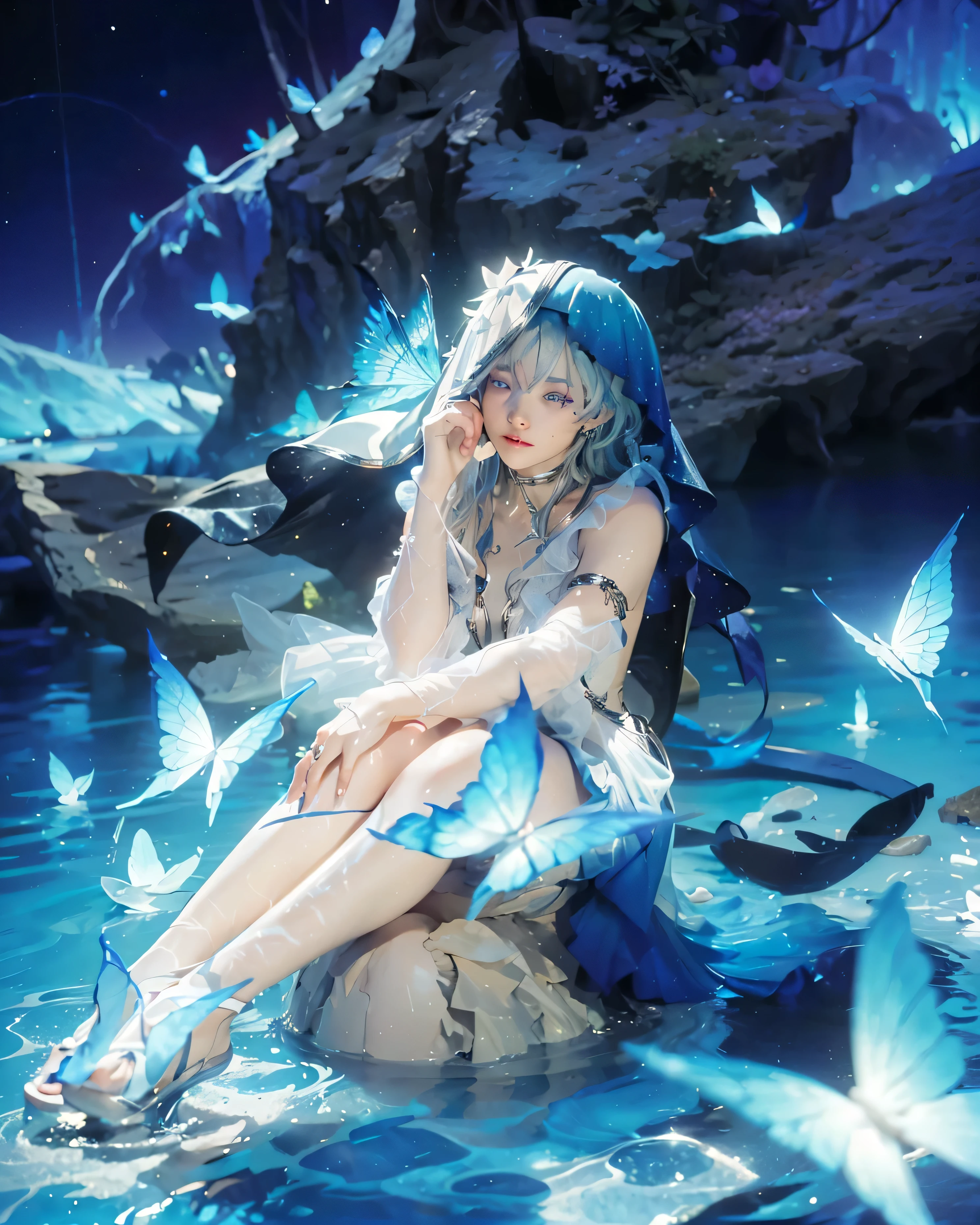 ((SHOREKEEPER (WUTHERING WAVES),((realistic, photorealistic)),(highlight hair)), Light reflection, (( HD )),((upper body)), (((best quality, masterpiece))), (masterpiece) (best quality) (detail) (8k) (HDR) (wallpaper) (cinematic lighting) (sharp focuasterpiece, best quality: 1.1), Real life adaption of this character, realistic outfit, realistic shadow, realistic light, realism, hyper realistic, realistic background,realistic hair,(photorealistic:1.2), (masterpiece: 1.2), (best quality: 1.3), (clear details: 1.3), ((((ultra-detailed)))), ((detailed eyes)), (extremely detailed face:1.4), (highly detailed eyelash:1.6), masterpiece,best quality,ultra-detailed,very aesthetic,((masterpiece)),(best quality),extremely detailed, 8k wallpaper,ultra detailed, Shorekeeper (Wuthering Waves), 1 girl, 1 male, blue eyes, glowing hair, Beautiful body, soft lips, Ultra HD eyes,Super HD eyes, glowing eyes, Ultra HD body,Super HD body,Hyper-realistic body, Cosmic background, Focus on full growth, Super HD, A man puts a ring on her finger, Makes an offer, emotions of happiness, Tears of joy, Beautiful dress, Transparent veil, Night background, water reflection, They are standing on the shore,masterpiece, best quality, 1 girl, 1 male, blue eyes, glowing hair, Beautiful body, soft lips, Ultra HD eyes,Super HD eyes, glowing eyes, Ultra HD body,Super HD body,Hyper-realistic body, Cosmic background, Focus on full growth, Super HD, A man puts a ring on her finger, Makes an offer, emotions of happiness, Tears of joy, Beautiful dress, Transparent veil,Sitting on the rocks in the middle of, They are standing on the shore,masterpiece, best quality,1girl, purple eyes, colored eyelashes, blue hair, hair intakes, medium hair, two-tone veil, blue butterfly on veil, silver choker, frills, sleveless dress cutout, halterneck, transparent leotard under dress, blue crest between breasts, armlet, high-low skirt, back bow, patterned leg, strappy heels , see-through,outdoors, (perfect hands perfect anatomy)