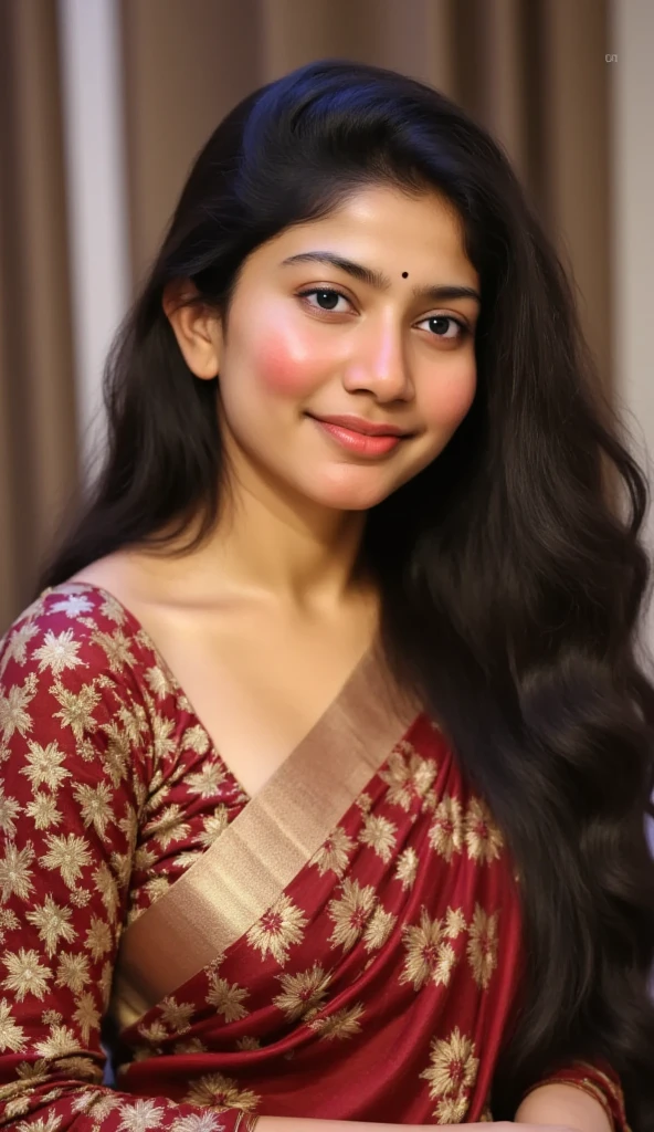 sanjana saba with big ,perfect, bang hair hairstyle , with an inocent look on her face, in elegant traditional sari