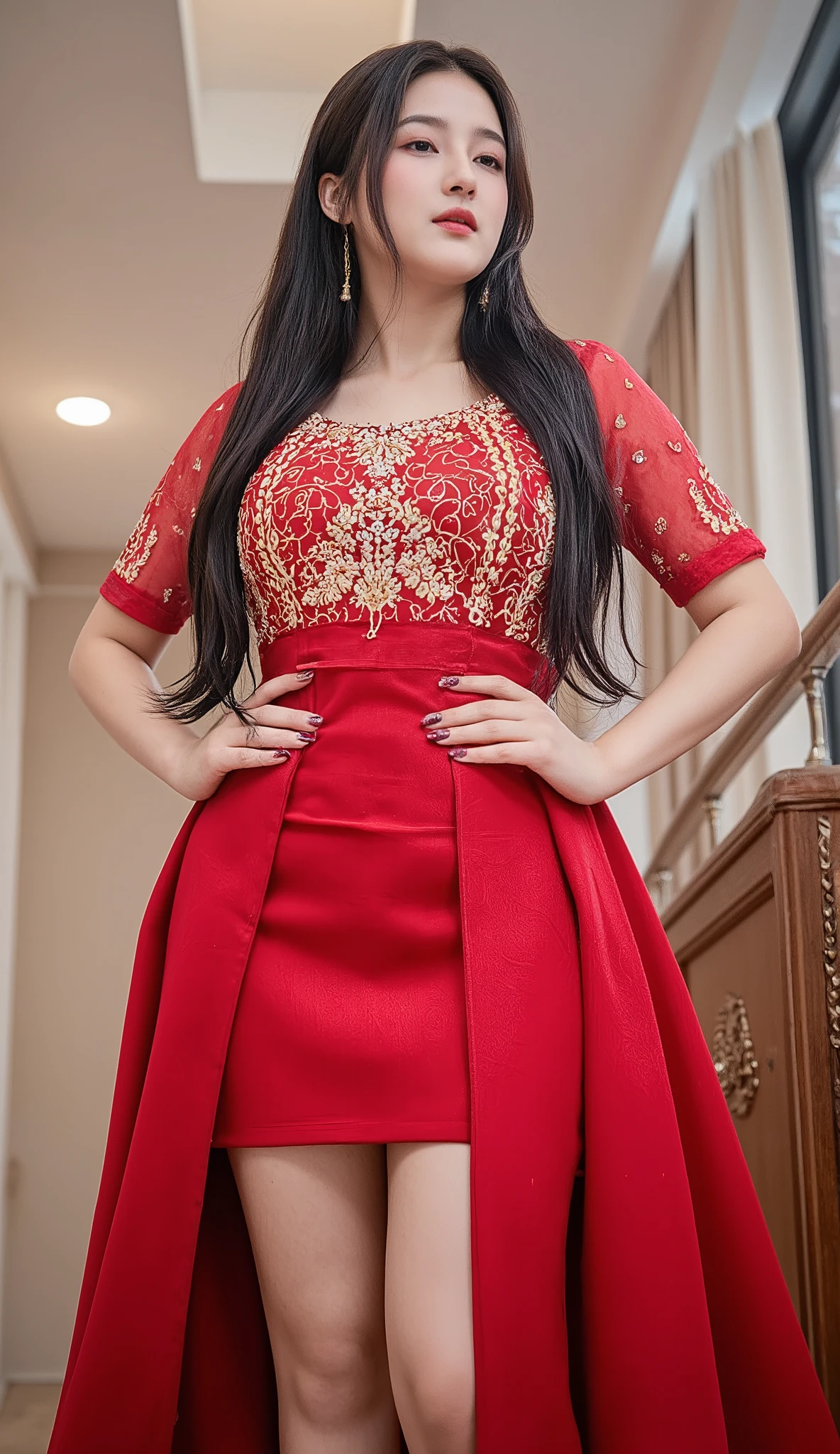A beautiful girl of 20 years old, open black long hairs wear a Indian dress of red color, full view of girl from head to legs, hands, legs and waist visible, low angle shot
