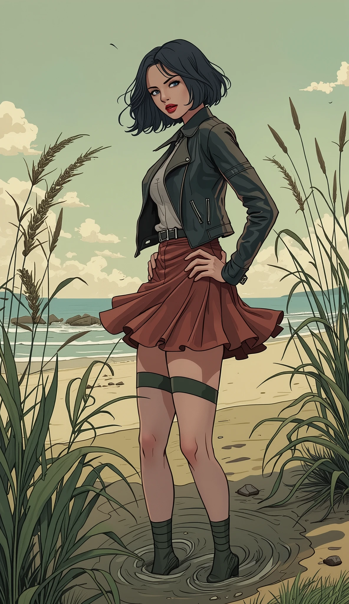 vector image, anime, girl, gloomy orgasm, sneakers and t-shirt and denim shorts and (nylon stockings with garters), near quicksand bog, green,red, provocative horny pose, full body