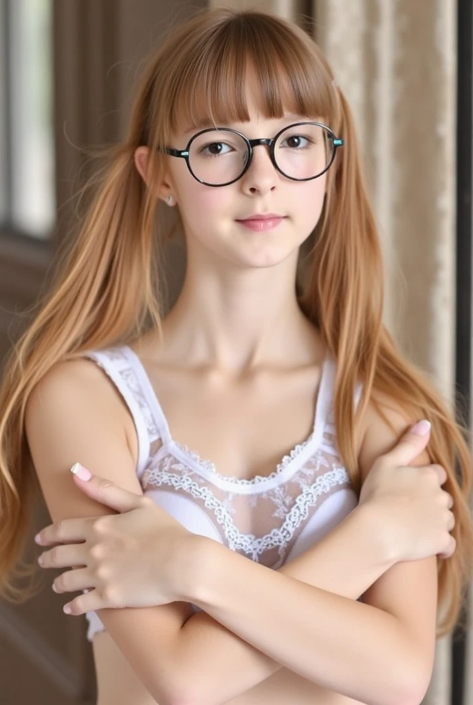bare woman, white, thin, slightly curved nose, sweating glasses, medium breasts, pink pussy, big-ass, smart look, want sex