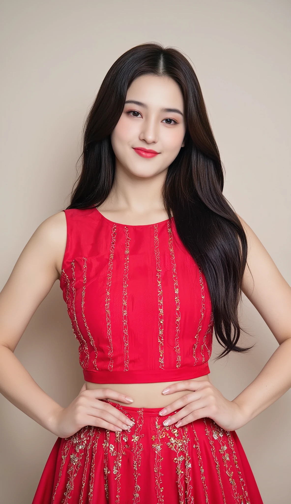 A beautiful girl of 20 years old, open black long hairs wear a Indian dress of red color, full view of girl from head to legs, hands and waist visible