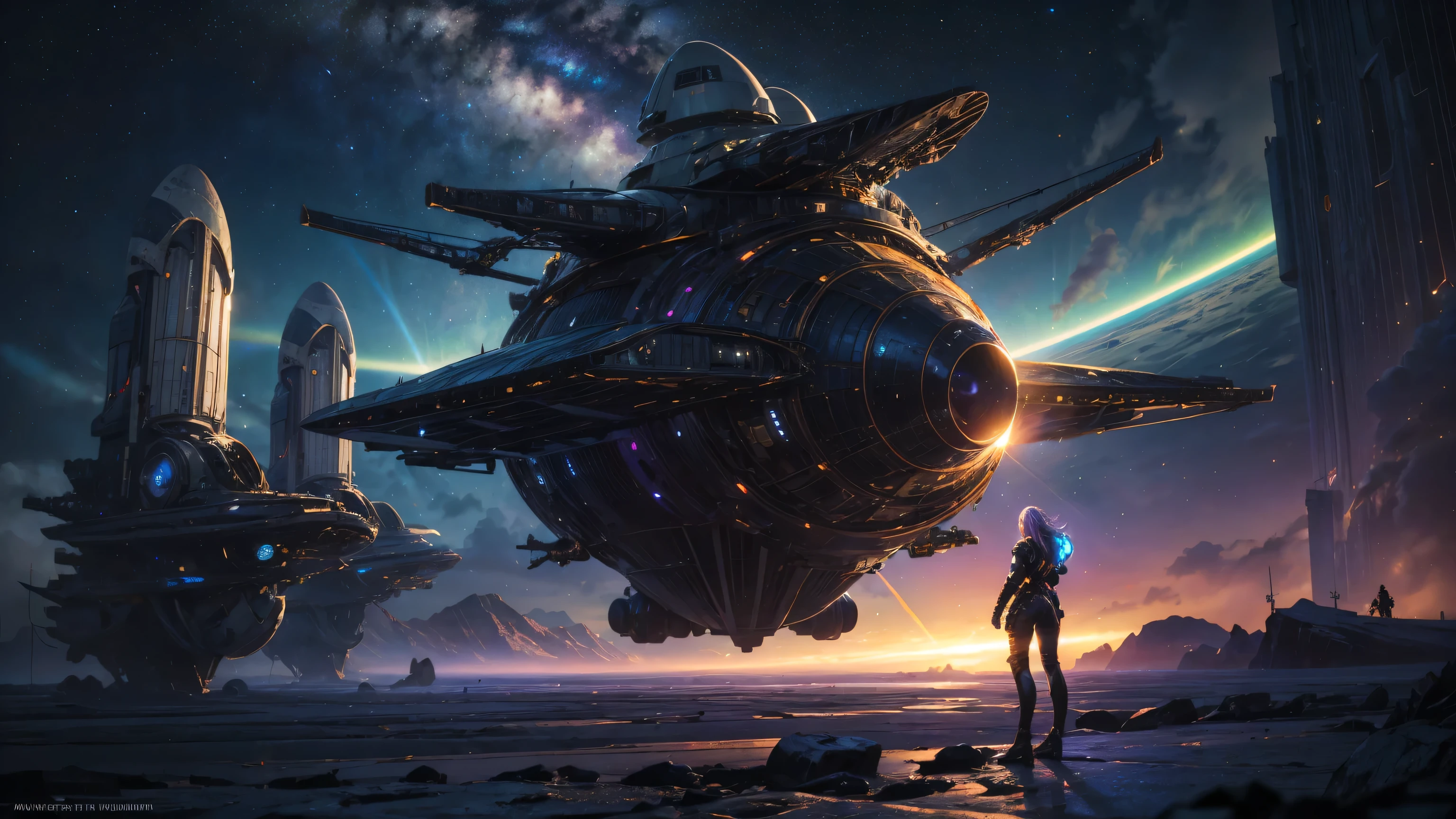 wide-angle shot, cinematic composition, 16:9 horizontal frame, mature female space explorer, around 30 years old, sharp gaze, short silver hair fluttering, realistic facial features, tactical sci-fi armor suit, standing in front of an activated warp device, reaching out with one hand, massive spaceship behind her with glowing engine lights, cracked spaceport floor, starry background with nebula and galaxies, floating debris, purple and blue color theme, digital art, mixed media, ultra-detailed, (masterpiece:1.3), (high resolution:1.3), HDR, 8K, (inspired by John Harris:0.9), sci-fi concept art, depth of field, rim lighting, god rays, cinematic lighting, trending on artstation, award-winning illustration, [sharp gaze:gentle smile:0.8], [reaching out:entering the warp gate:0.7], [short silver hair:glowing lavender hair:0.6], [starry background with spaceship:warped hyperspace tunnel:0.7]
