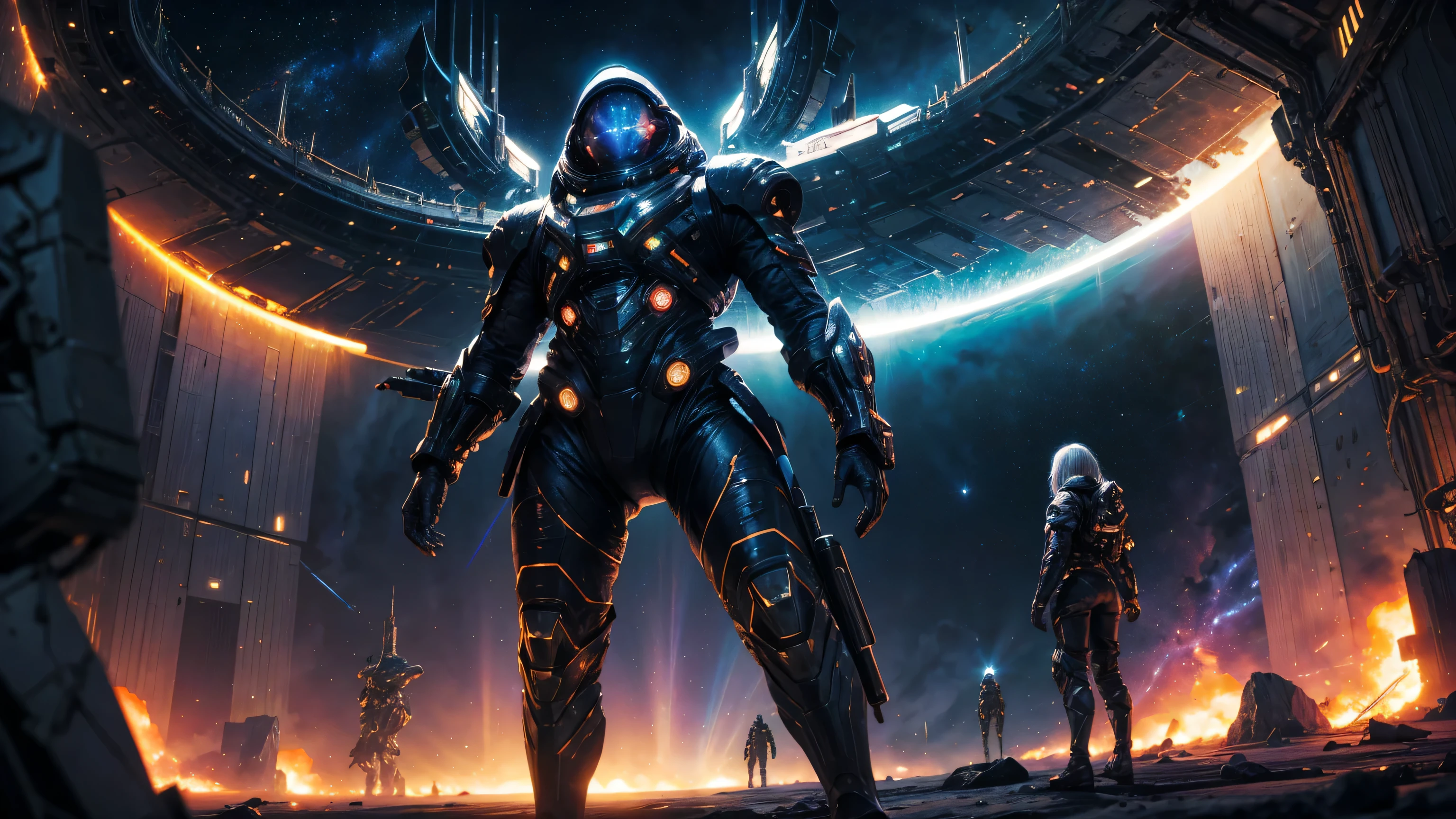 wide-angle shot, cinematic composition, 16:9 horizontal frame, mature female space explorer, around 30 years old, sharp gaze, short silver hair fluttering, realistic facial features, tactical sci-fi armor suit, standing in front of an activated warp device, reaching out with one hand, massive spaceship behind her with glowing engine lights, cracked spaceport floor, starry background with nebula and galaxies, floating debris, purple and blue color theme, digital art, mixed media, ultra-detailed, (masterpiece:1.3), (high resolution:1.3), HDR, 8K, (inspired by John Harris:0.9), sci-fi concept art, depth of field, rim lighting, god rays, cinematic lighting, trending on artstation, award-winning illustration, [sharp gaze:gentle smile:0.8], [reaching out:entering the warp gate:0.7], [short silver hair:glowing lavender hair:0.6], [starry background with spaceship:warped hyperspace tunnel:0.7]
