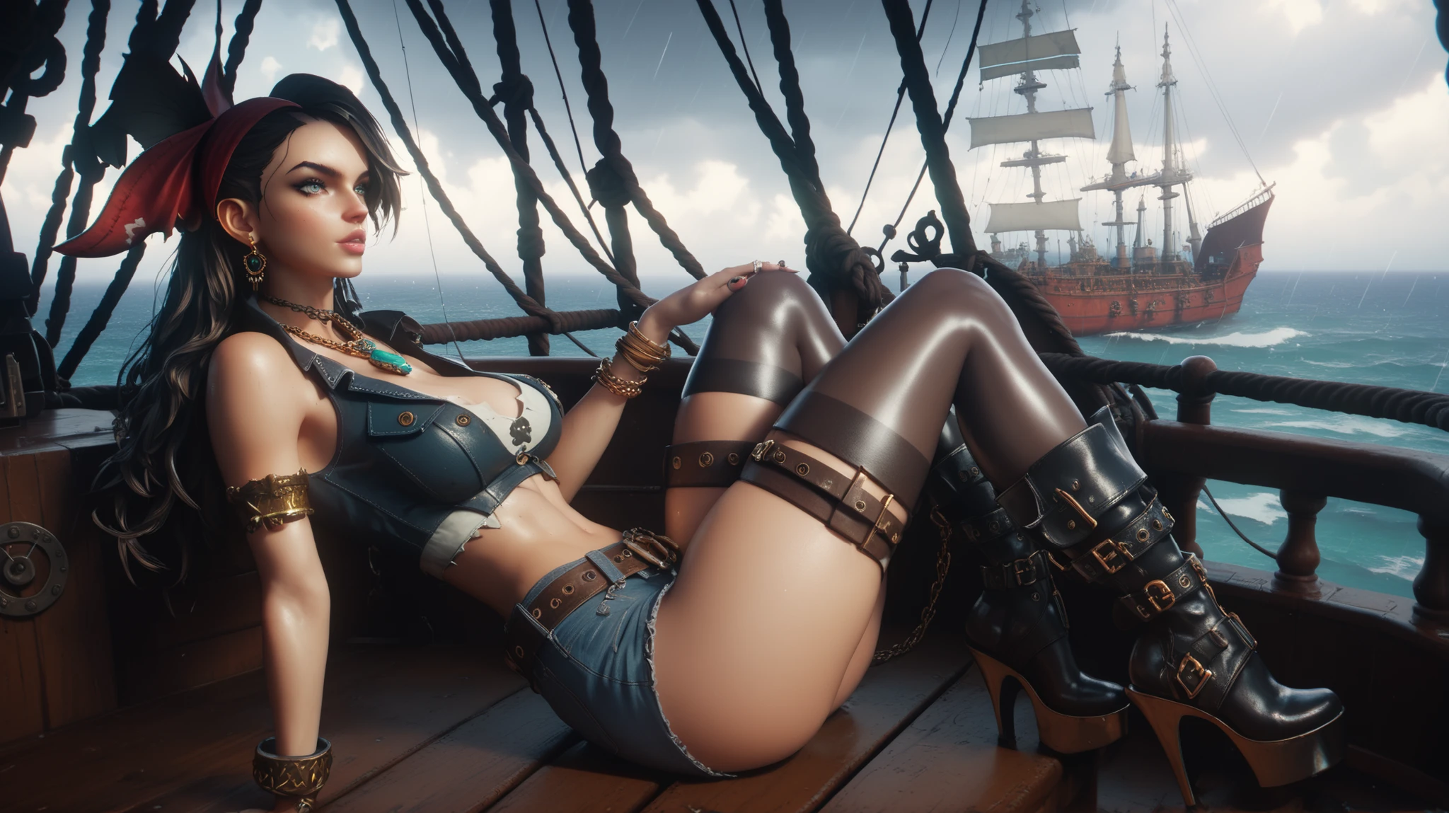 beautiful female (Adriana Lima :1.1) red lips, green eyes,, wearing a steampunk sailor outfit, gorgeous, red hair intricate, cleavage, soft lips, seductive glance, side boob, at a beach next to a bond fire, San Francisco golden gate bridge in the background, cyberpunk art ultrarealistic 8k, octane cgsociety, made in unreal engine 5, (best quality,ultra - detailed, Illustration,Best shadow,masterpiece,A high resolution,professional artwork,famous artwork