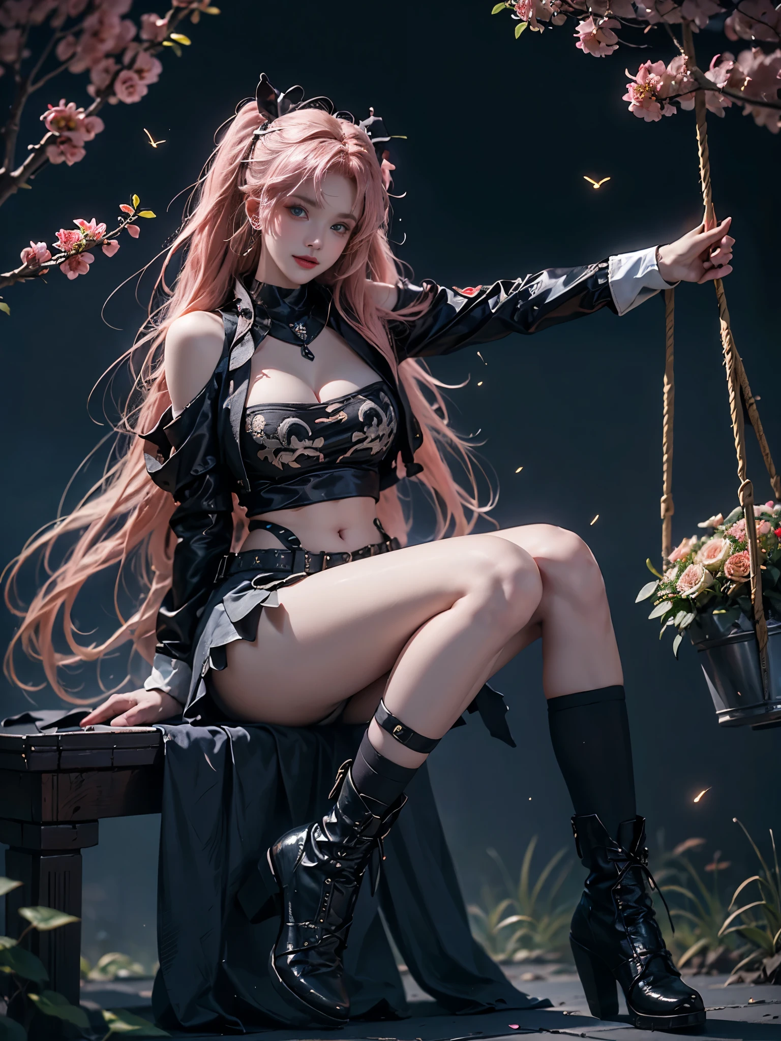 nicole cosplay costume,cosplay,long hair,pink hair,cropped jacket,print crop top,shorts,long sleeves,shoulder cutout,belt,thigh strap,ribbon,hair ribbon,hairclip,hair ornament,two side up,asymmetrical legwear,single sock,single thighhigh,torn legwear,boots,high heel boots ,, (Random shooting Angle:1.4), (xuer swing), photorealistic, exquisitely beautiful sexy long legs model, garden, (Sitting position:1.3), (Full bust, visible cleavage, very short hemline), (Lots of flowers around, roses in the foreground), **seated gracefully on a swinging swing**, gentle swaying motion, romantic atmosphere, night, soft moonlight illuminating the scene, shimmering fireflies dancing around, dreamy, elegant, highly detailed face, perfect anatomy, (eyes looking directly at viewer:1.15), soft and diffused lighting, high resolution, 8k, masterpiece, best quality, dynamic pose, flowing dress, (intricate details:1.1), bokeh background, (well-defined calf muscles:1.2), (slender thighs:1.2), (elegant ankles:1.1), (natural leg curvature), (graceful leg pose:1.3), **(feet slightly pointed:1.1)**, (sitting with one leg slightly bent and the other extended:1.2), (perfect symmetry), (smooth skin texture), (realistic shadows and highlights on legs)