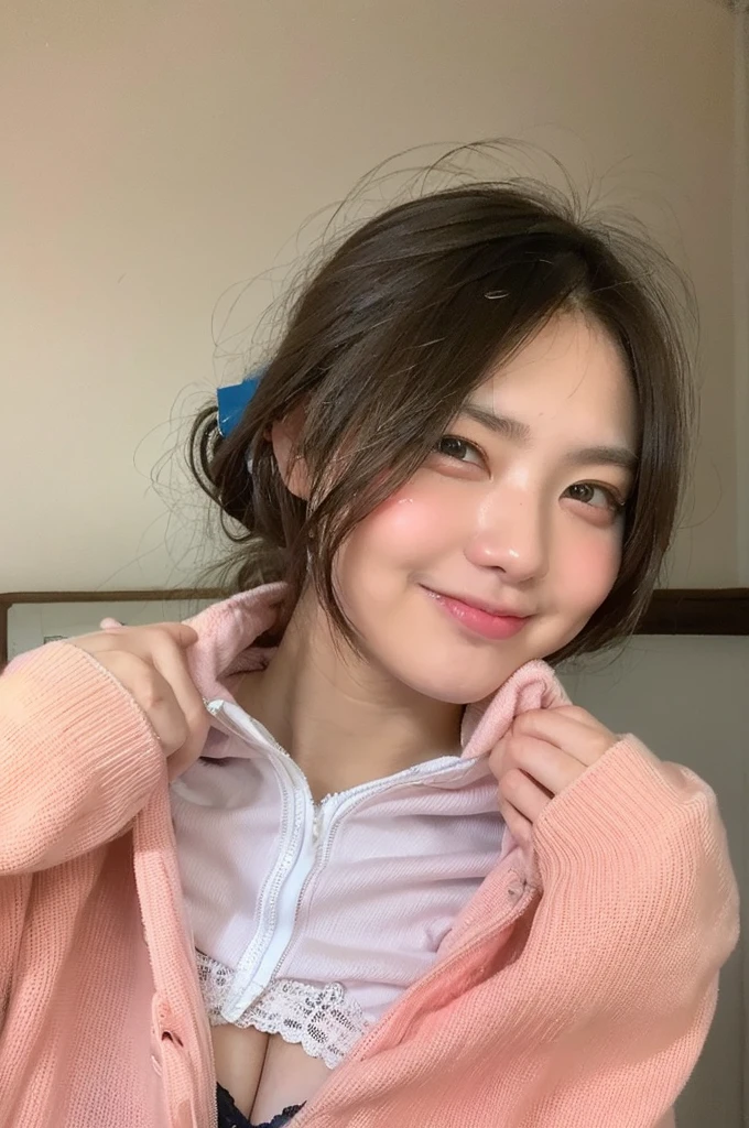 ((Highest quality, 8K, masterpiece: 1.3)), 1 Girl, Beauty with slim abdominal muscles: 1.3, (Casual Hairstyles, big: 1.2), Casual wear: 1.2, hoodie, interior, Highly detailed face, Delicate eyes, double eyelid, Soft Breasts, smile, Exposed cleavage, age Girl, Long messy hair, big eyes, Young Korean Woman, 18-year-old, Look forward, Selfie, Slight film grain