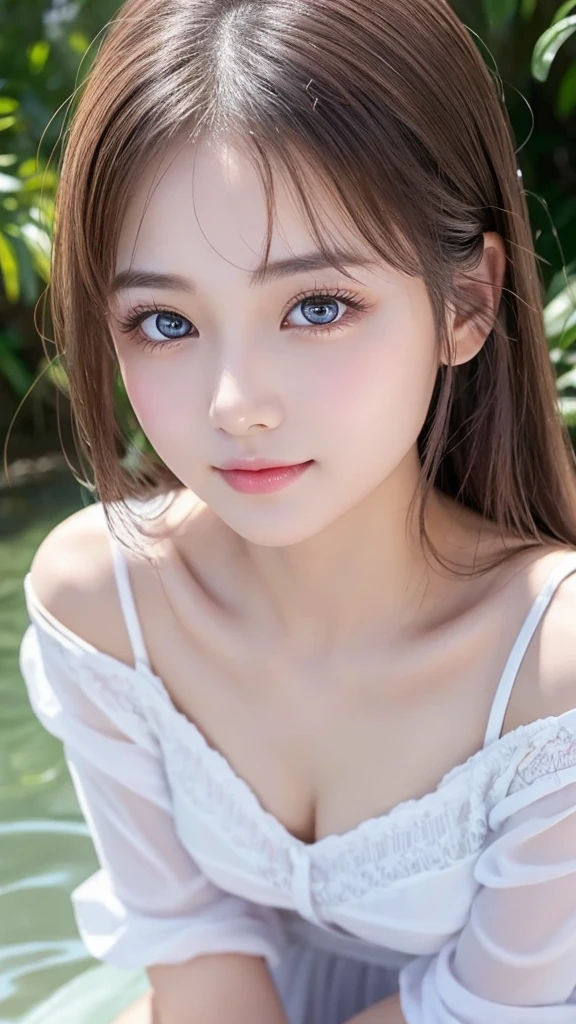 extraordinary sexy beauty、Beautiful calm and bright expression、sexy and refreshing look、Perfect beautiful cute face with long bangs between the eyes、Super long shiny bright blonde straight hair、beautiful face blonde、Very cute beautiful sexy young woman、very perfect beautiful cute face、Beautiful and cute bright light blue big eyes、very big eyes、pure white, bright and glowing skin、cheek gloss highlight、pretty big breasts:3.0、I can see the beautiful cleavage